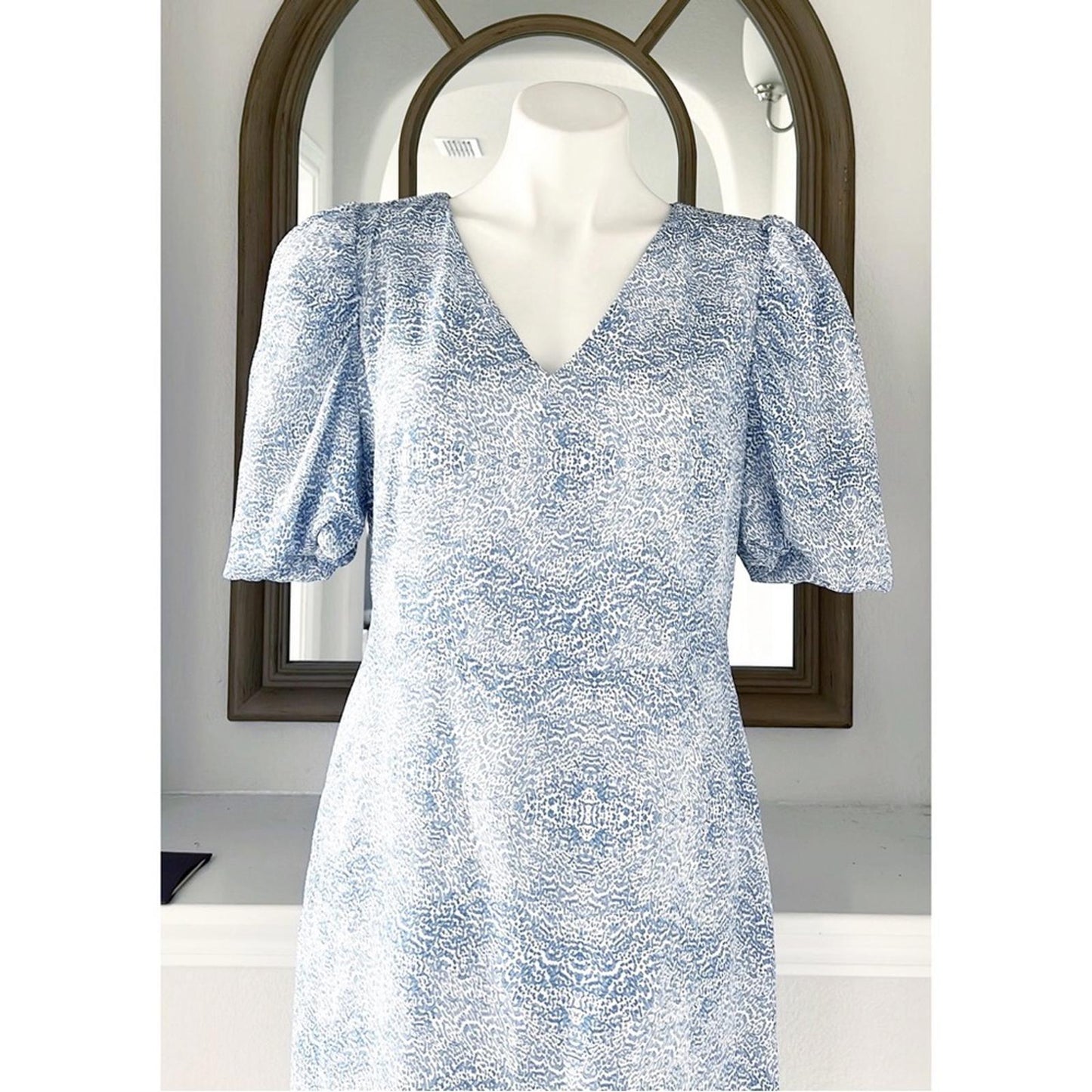 AS by DF Ischia Print Dress w/Puff Sleeves in Blue, Size M New w/Tag Retail $288