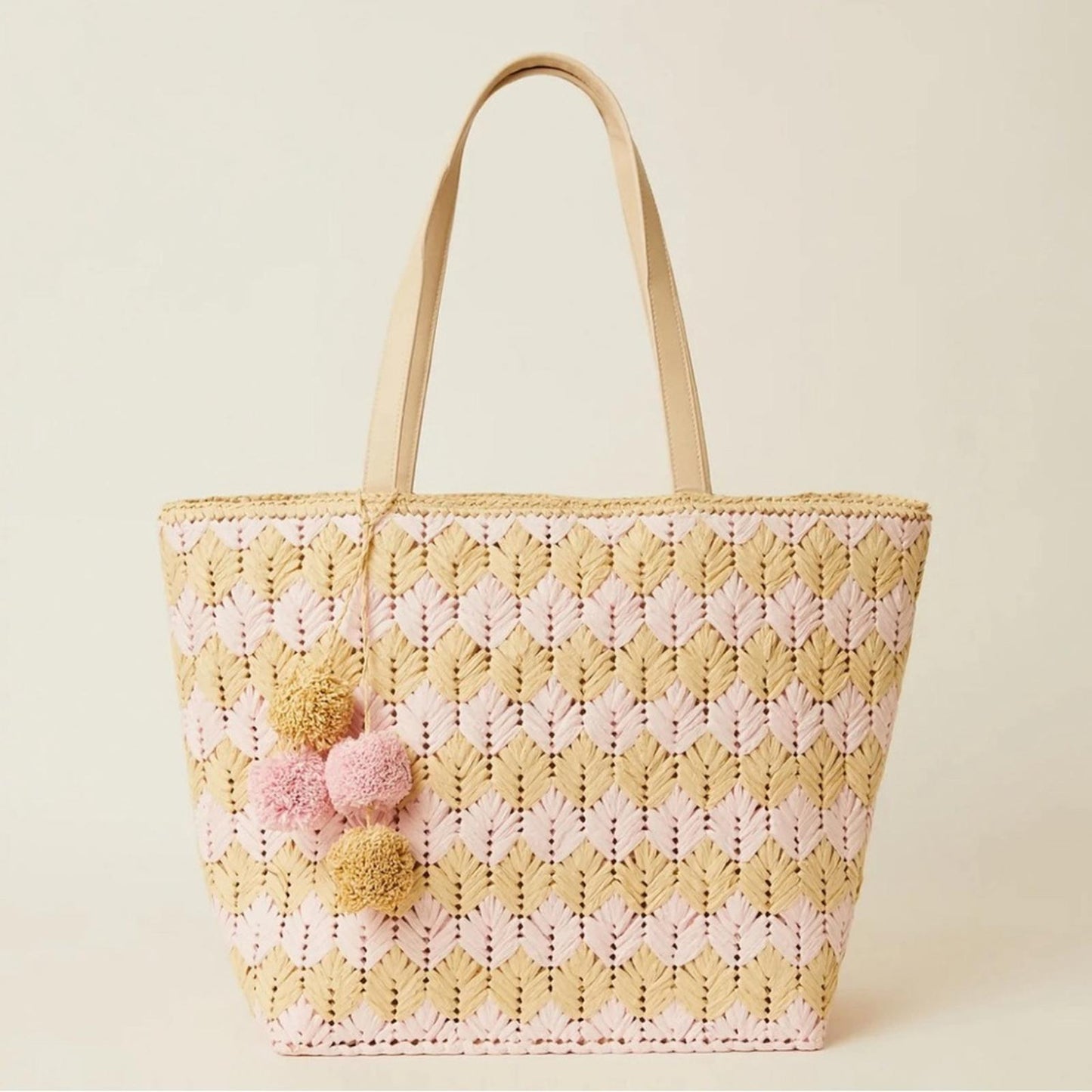 BTB Los Angeles Bria Straw Tote, Natural Rose O/S New w/Tag Retail $199