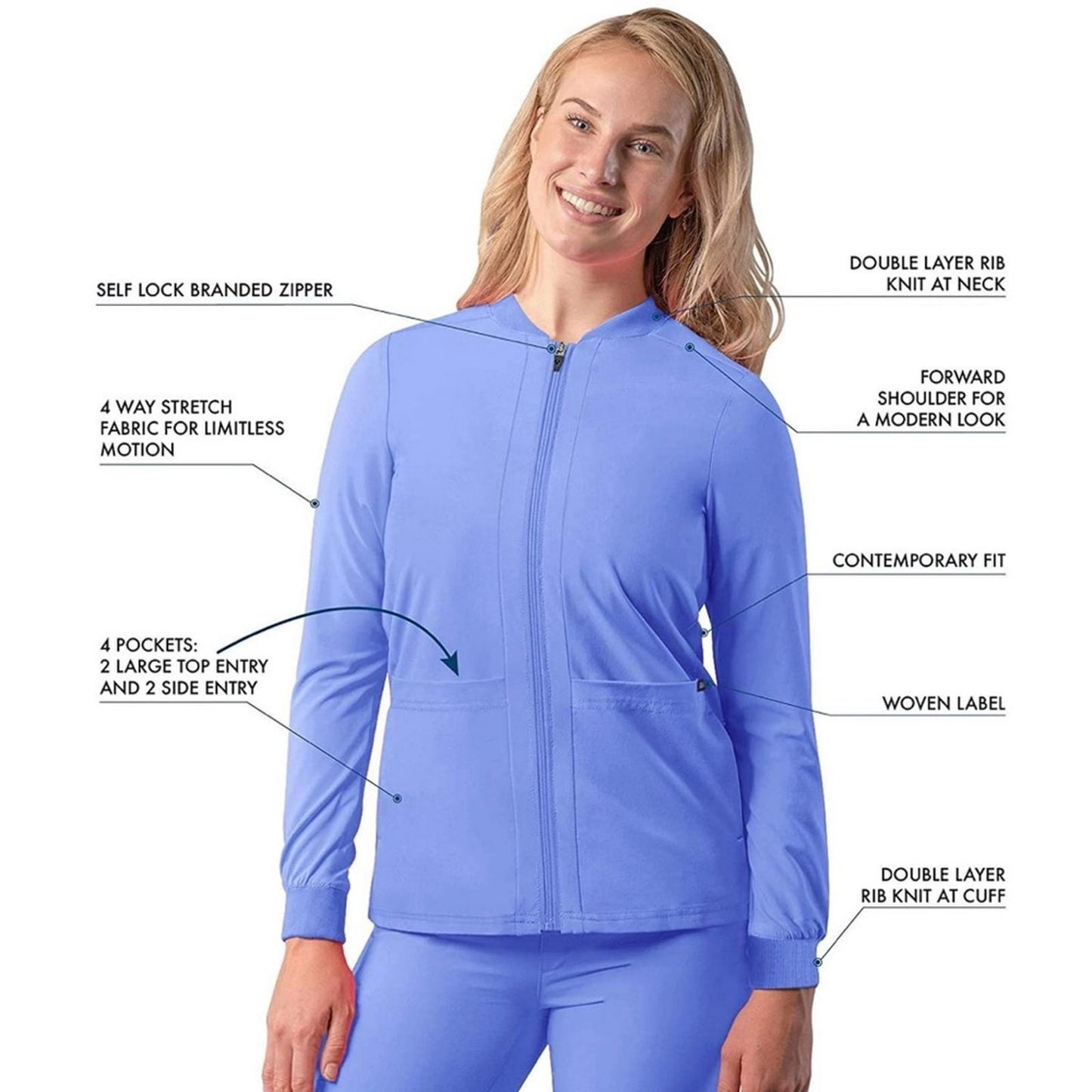 ADAR Addition Scrubs Zippered Bomber Scrub Jacket, Cell Blue, Size XL New w/Tag