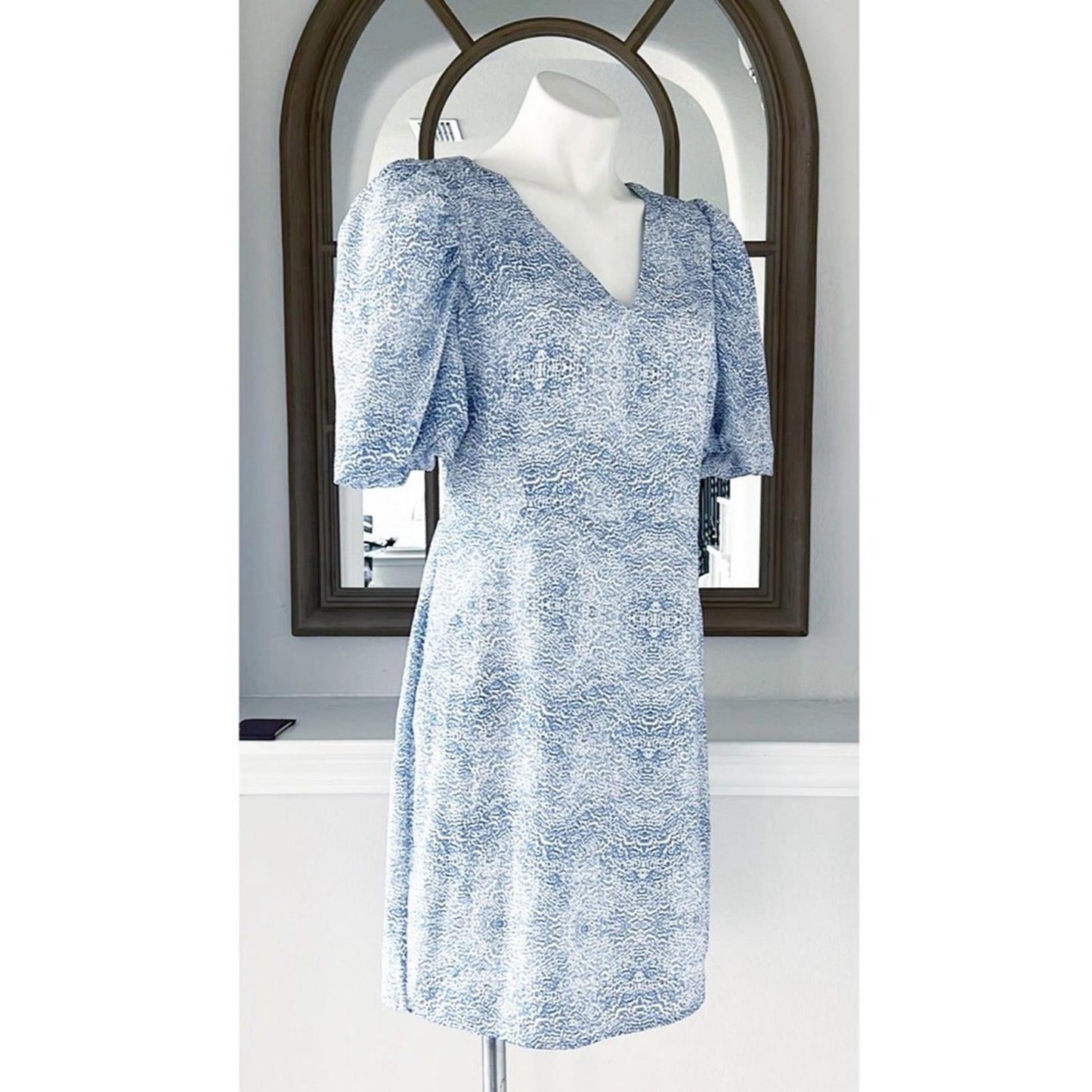 AS by DF Ischia Print Dress w/Puff Sleeves in Blue, Size M New w/Tag Retail $288