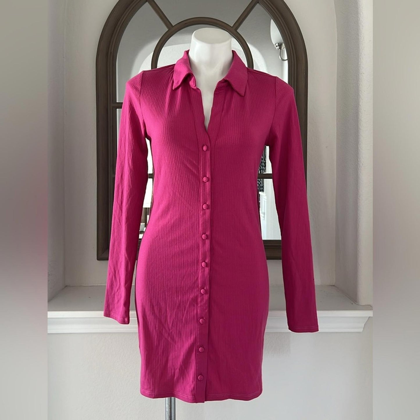 AFRM Ribbed Knit Collared Long Sleeve Button Front Shirt-Dress Berry, Size M NWT