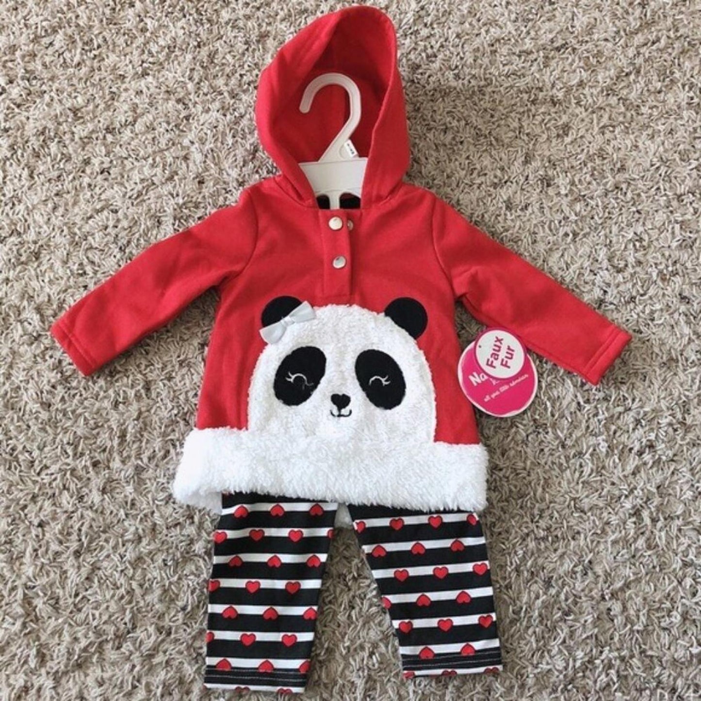 Nannette 2-Pc Red Panda Bear Faux Fur Matching Hoodie & Pants Size 3-6Mos NWT