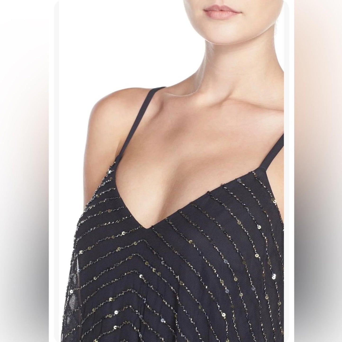 Adrianna Papell Art Deco Beaded Blouson Gown, Navy w/Silver Sequins Size 4