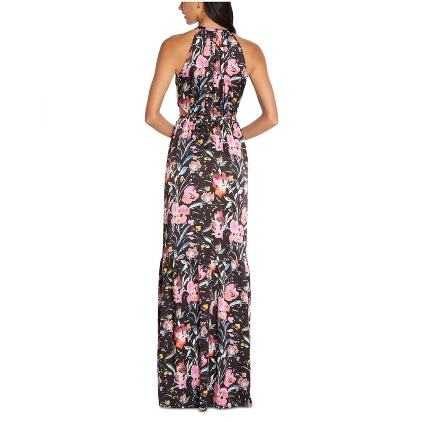 Aidan Mattox Halter Tiered Pleated Cut Out Floral Maxi Dress Size 8 NWT $220