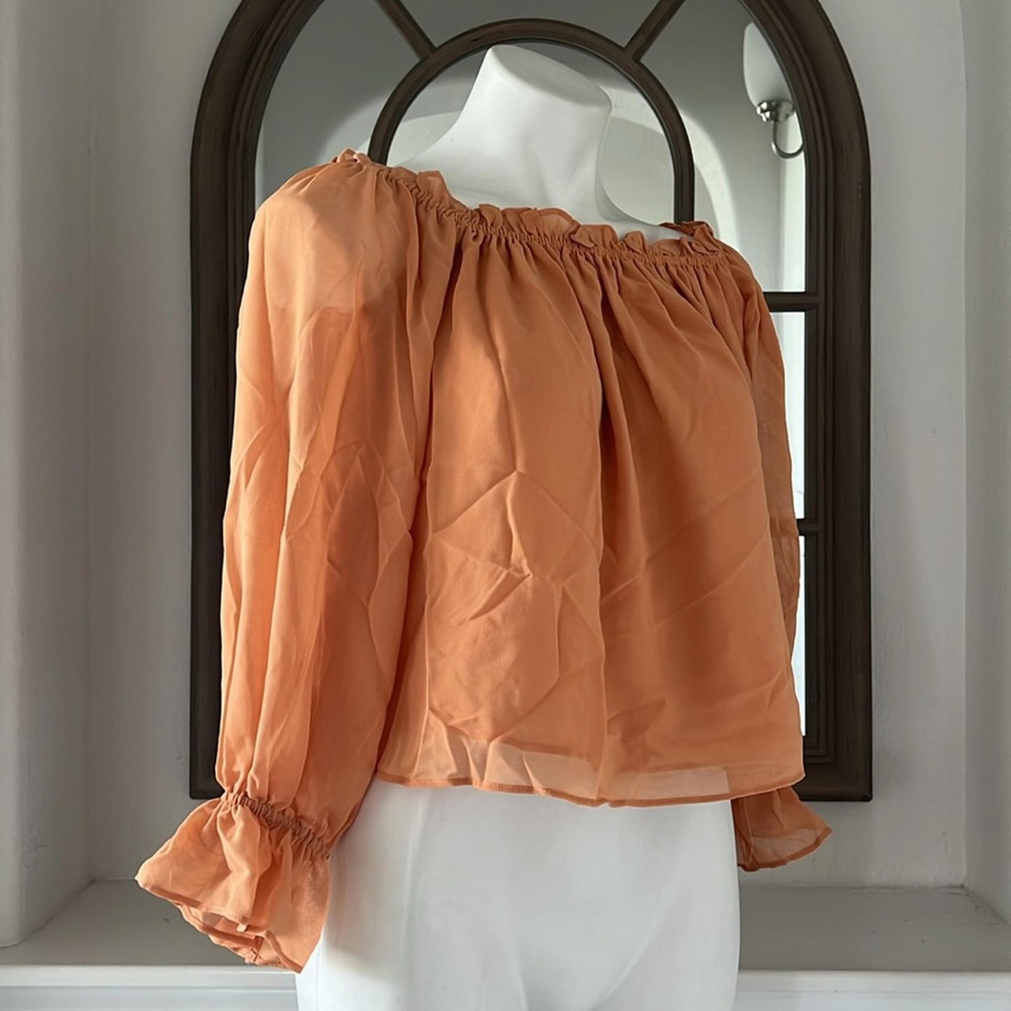1.State xRevolve Off-The-Shoulder Peplum Blouse in Toasted Nut, New, Size S