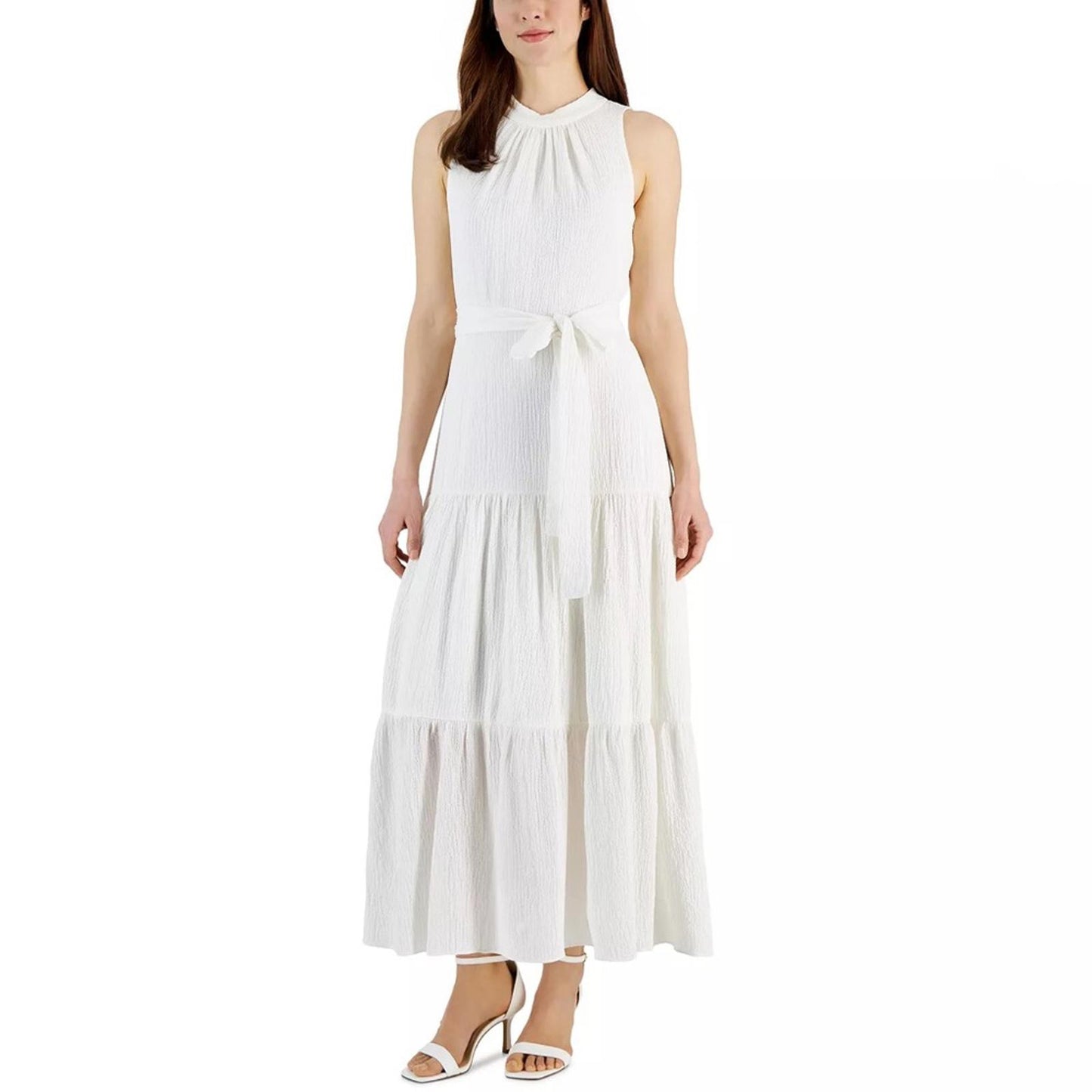 Anne Klein Tie-Neck Tiered Sleeveless Maxi Dress, Size 12 Bright White New w/Tag