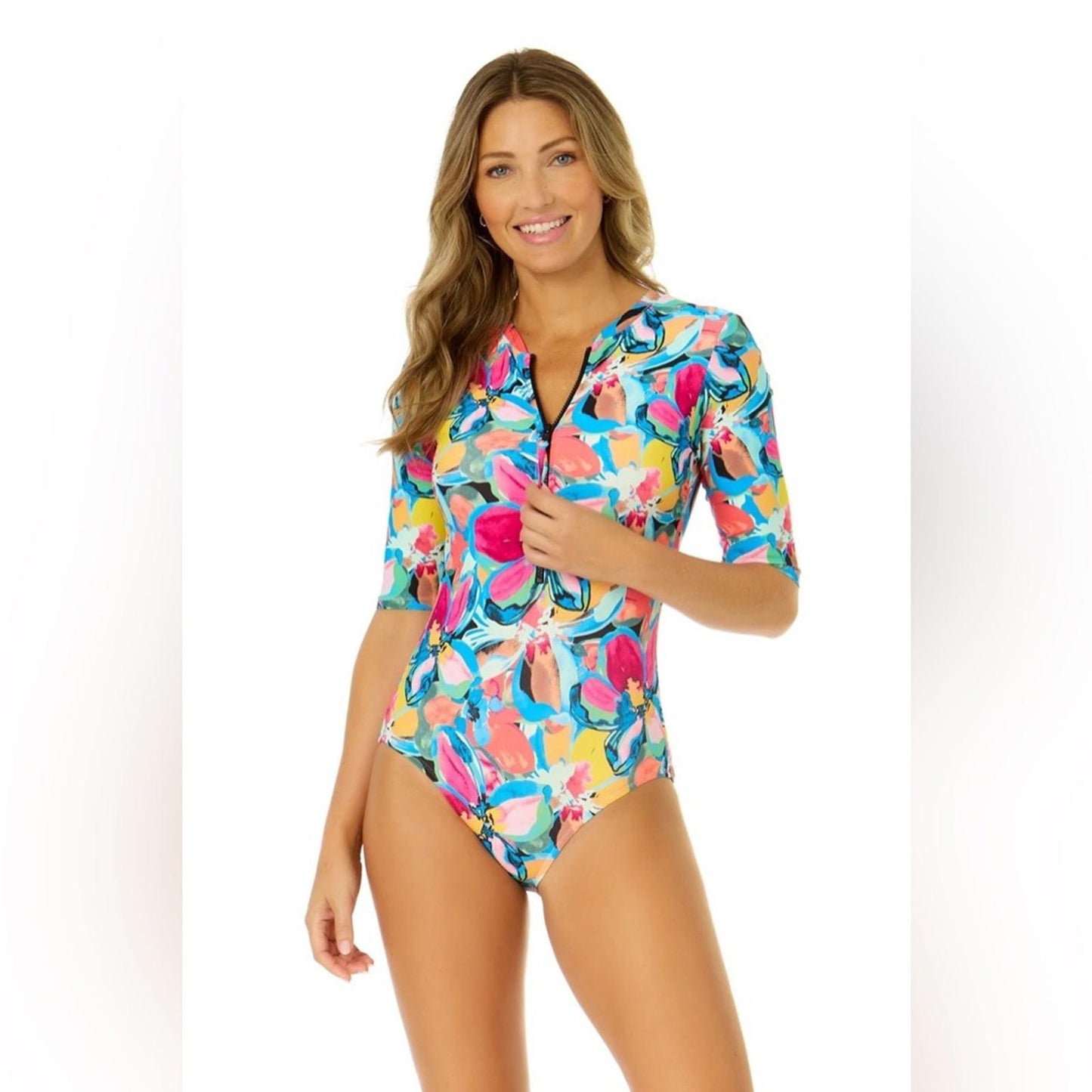 Anne Cole Amalfi Floral Half Zip Front Rash Guard One Piece Swimsuit Size 16 NWT