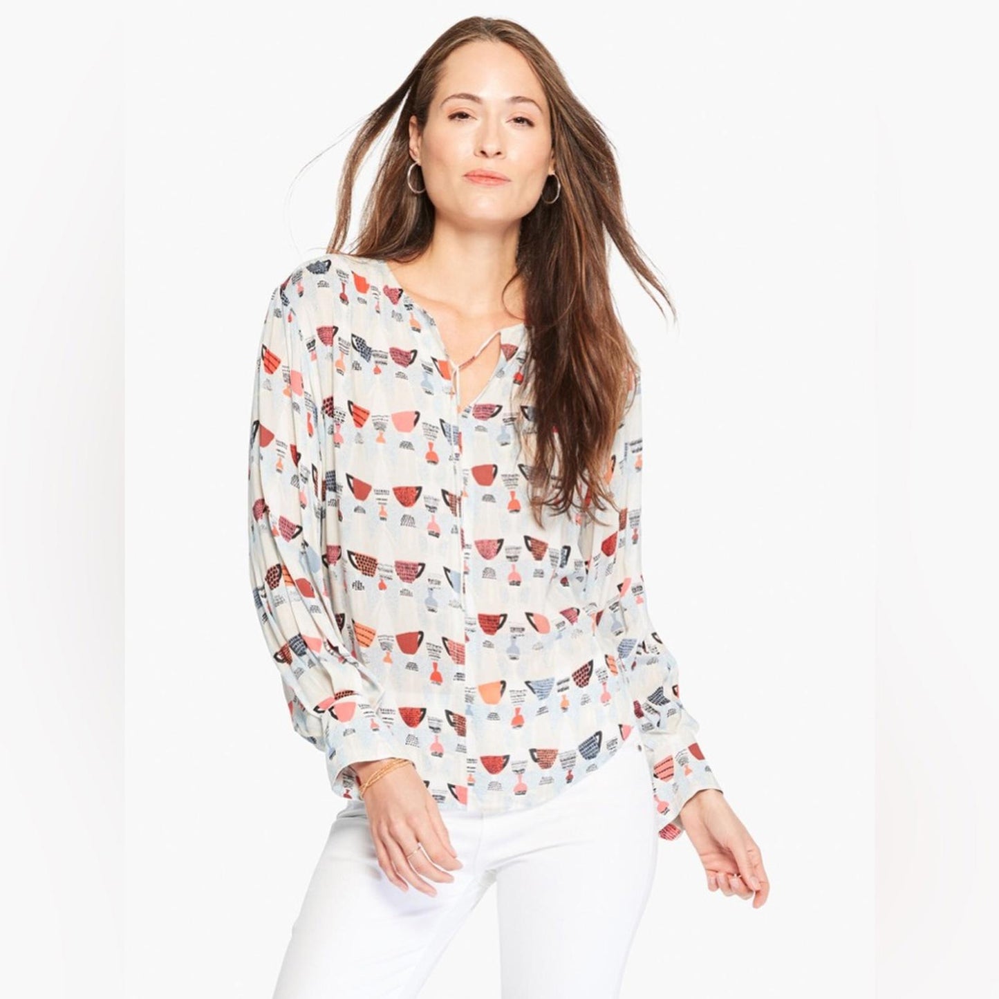 NIC+ZOE Relaxed-fit Perk Up Coffee Cup Print Blouse, Size XL New w/Tag Retail