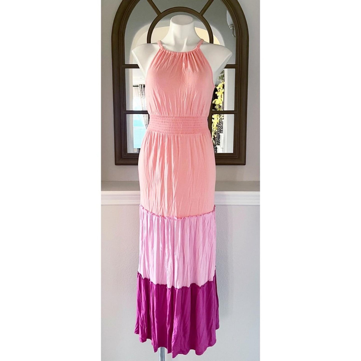 Adyson Parker Color Block Sleeveless Tiered Maxi Dress, Neon Peach Combo NWT