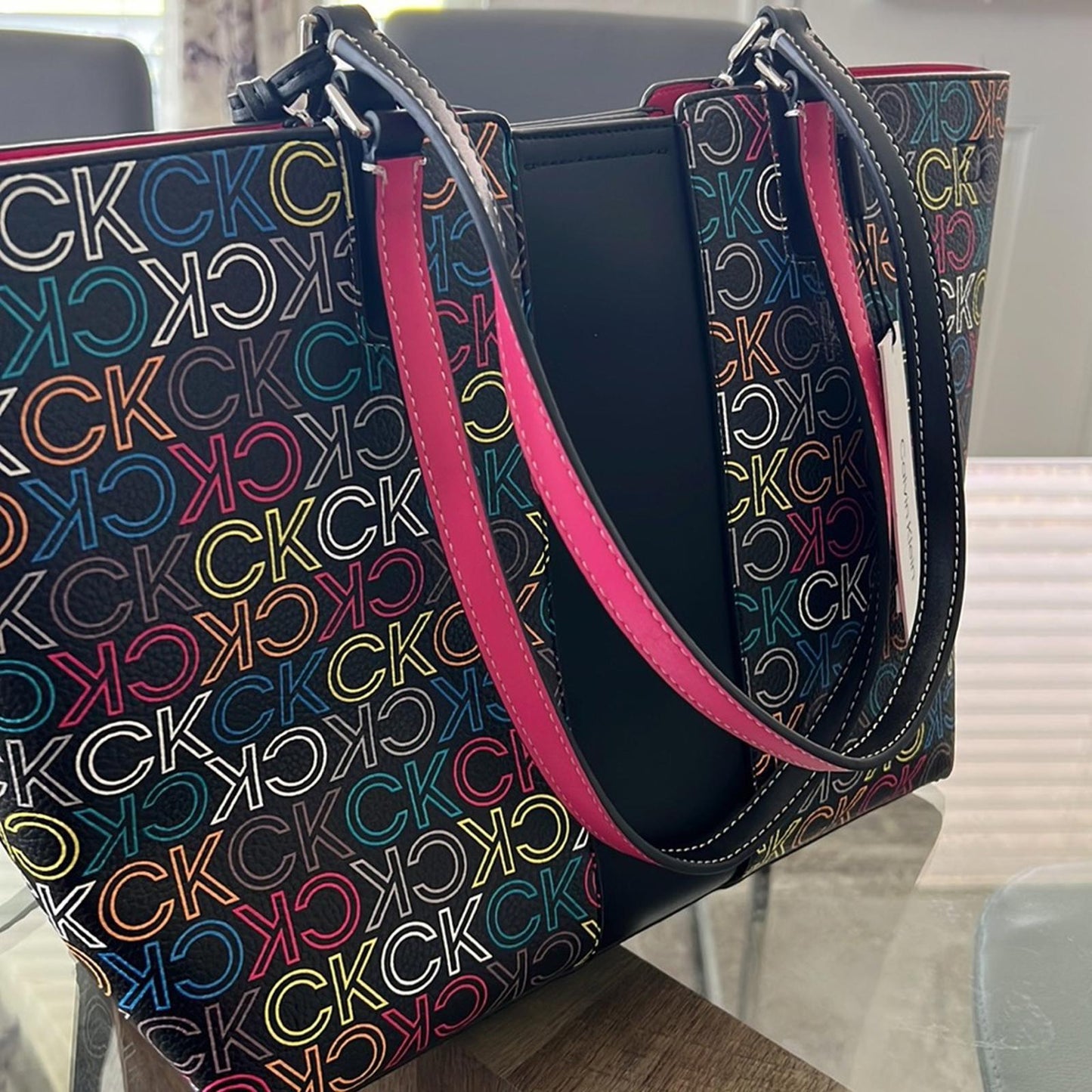 Calvin Klein Suri Monogram Tote Bag with Wristlet, Black Multi, New with Tag