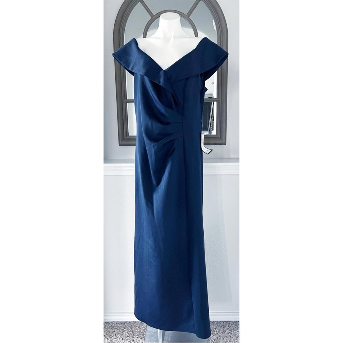 Xscape Long Scuba Off-The-Shoulder Dress in Navy, Size 16W New w/Tag
