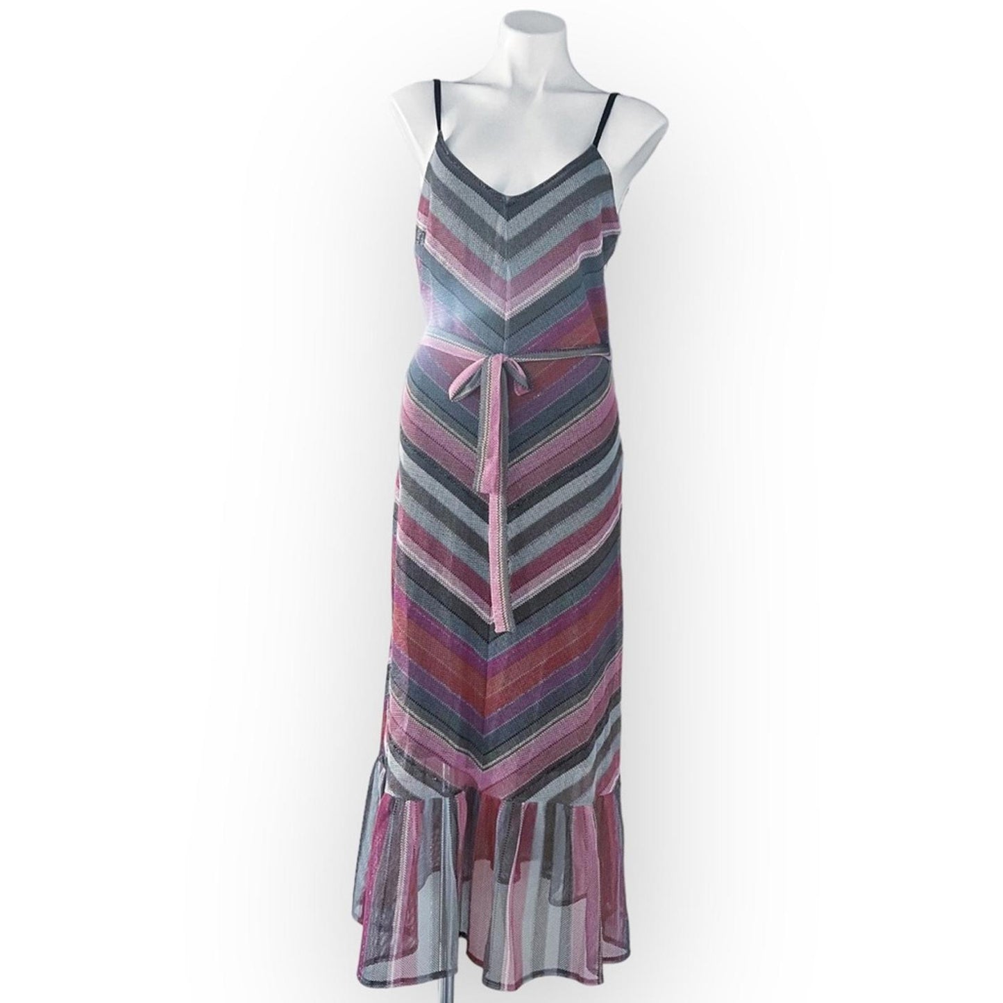 Rachel Roy Finn Metallic Striped Maxi Dress in Pink Grey, Size L New w/Tag