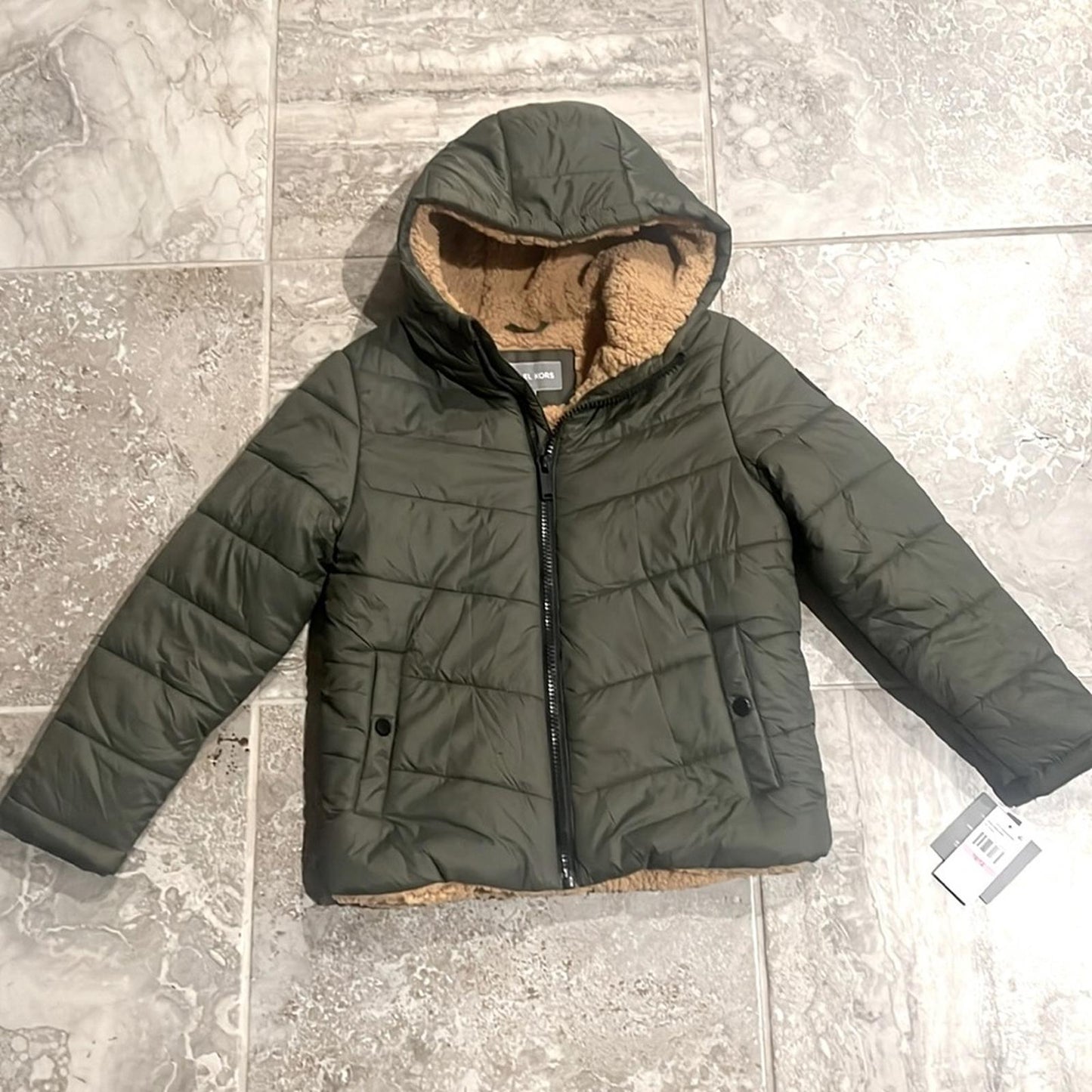 Michael Kors Kids’ Faux Shearling Lined Hooded Puffer Jacket, Size 10-12 NWT