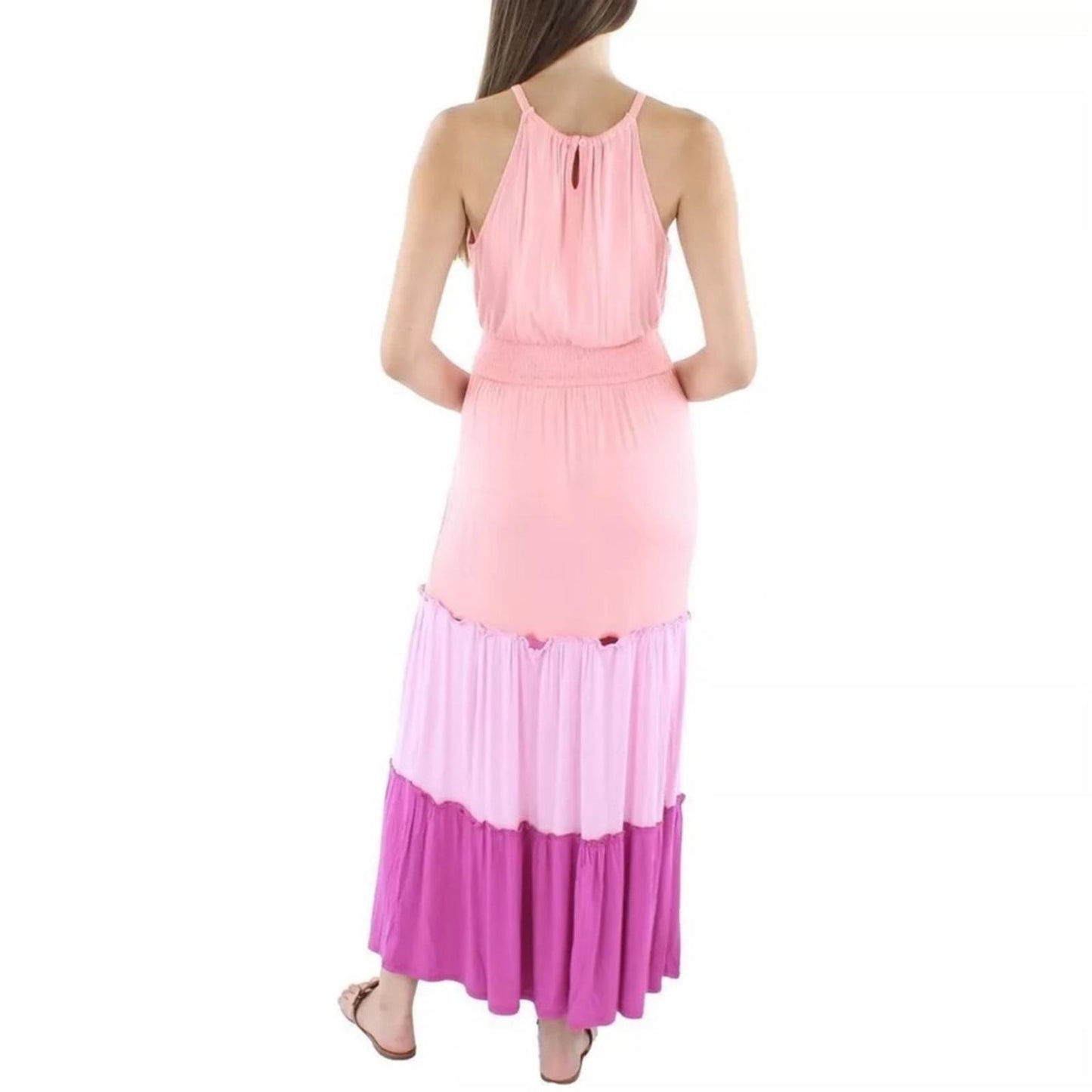 Adyson Parker Color Block Sleeveless Tiered Maxi Dress, Neon Peach Combo NWT