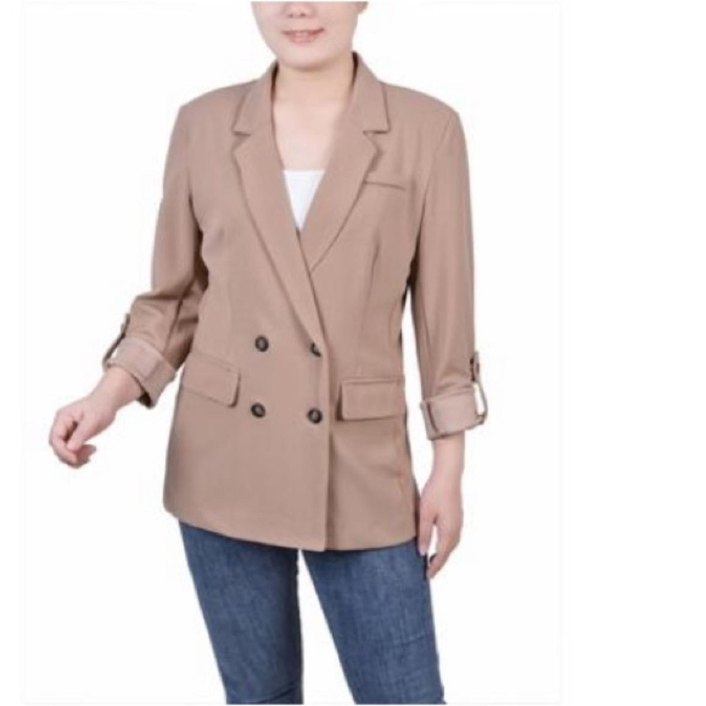 NY Collection Long Sleeve Double Breasted Crepe Jacket, Stucco Size M New w/Tag