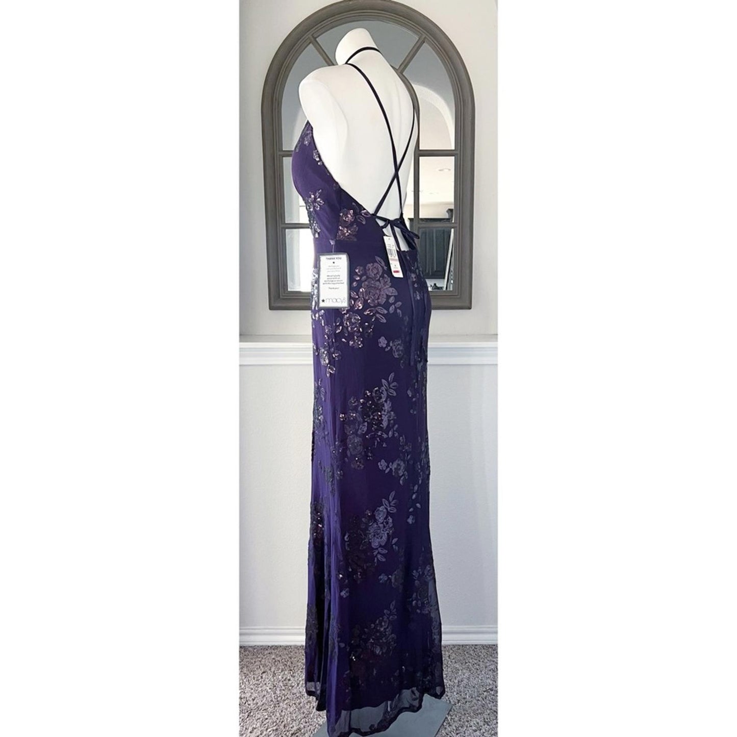 Speechless Embroidered Sequin Mesh Lace-Up Back Gown, Juniors' Size 15 NWT