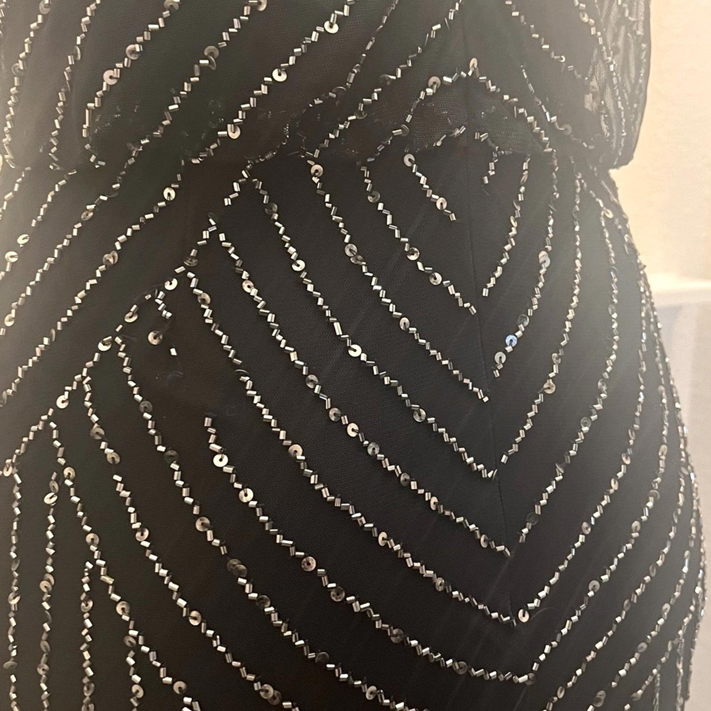 Adrianna Papell Art Deco Beaded Blouson Gown, Navy w/Silver Sequins Size 4