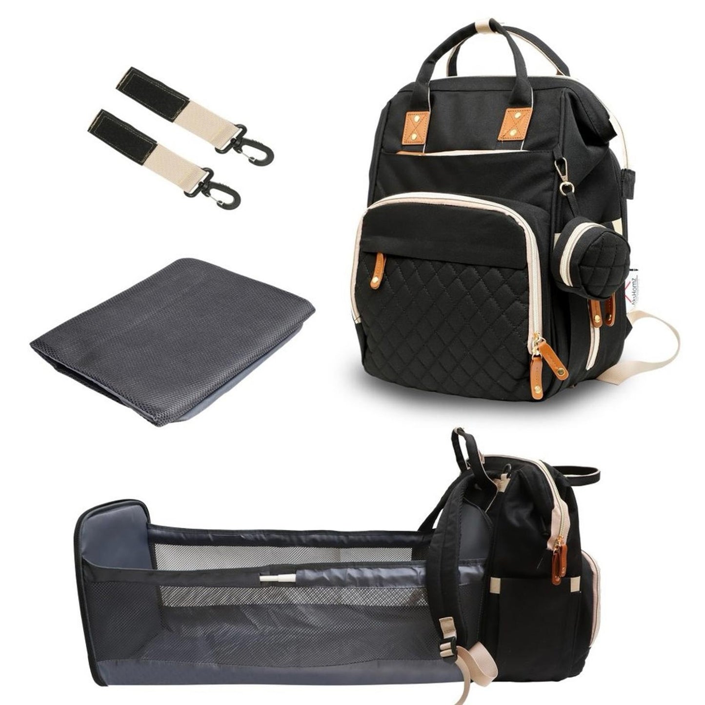 Akshomz Diaper Bag Backpack with Changing Station, Black Tan NEW