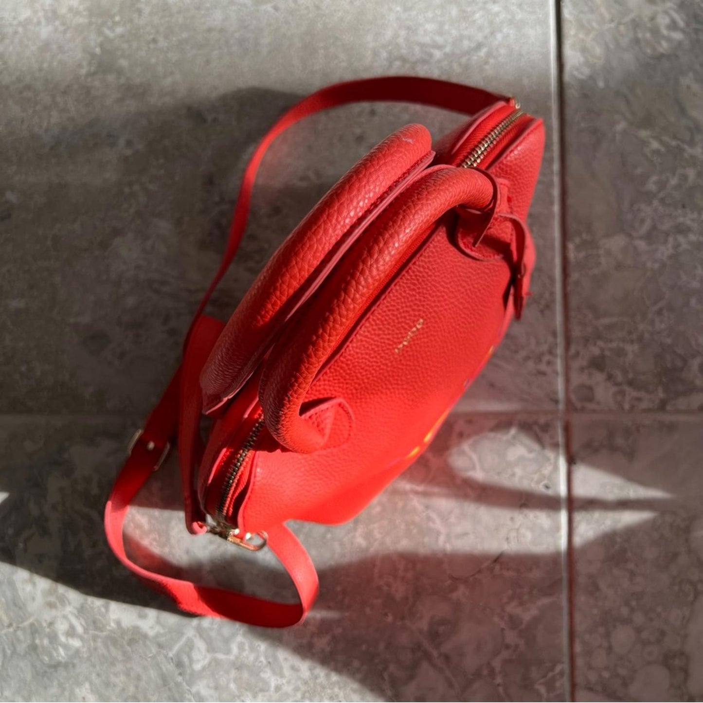 bebe Fabiola Dome Logo Satchel Crossbody Handbag, Ruby Red Orange Excellent