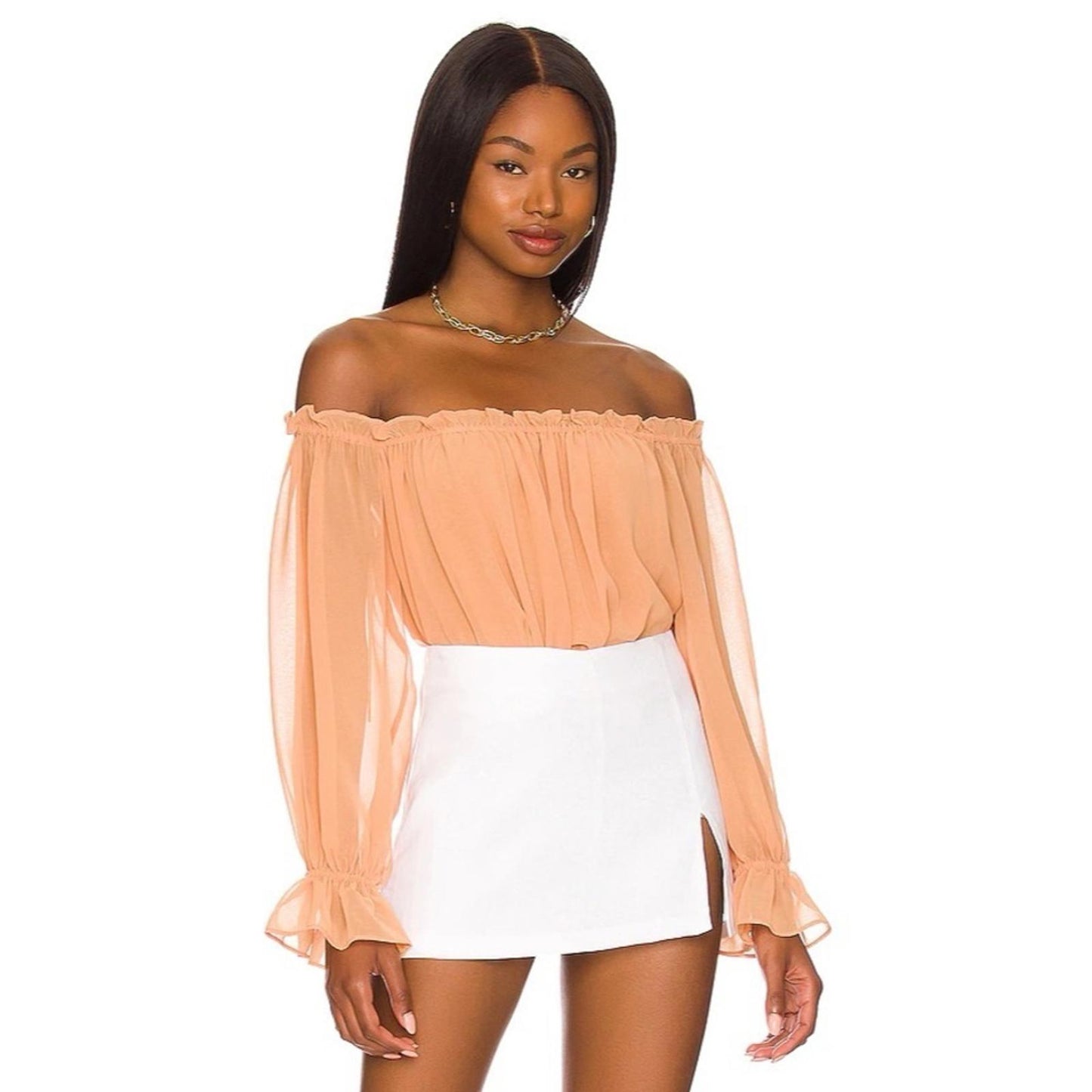 1.State xRevolve Off-The-Shoulder Peplum Blouse in Toasted Nut, New, Size S