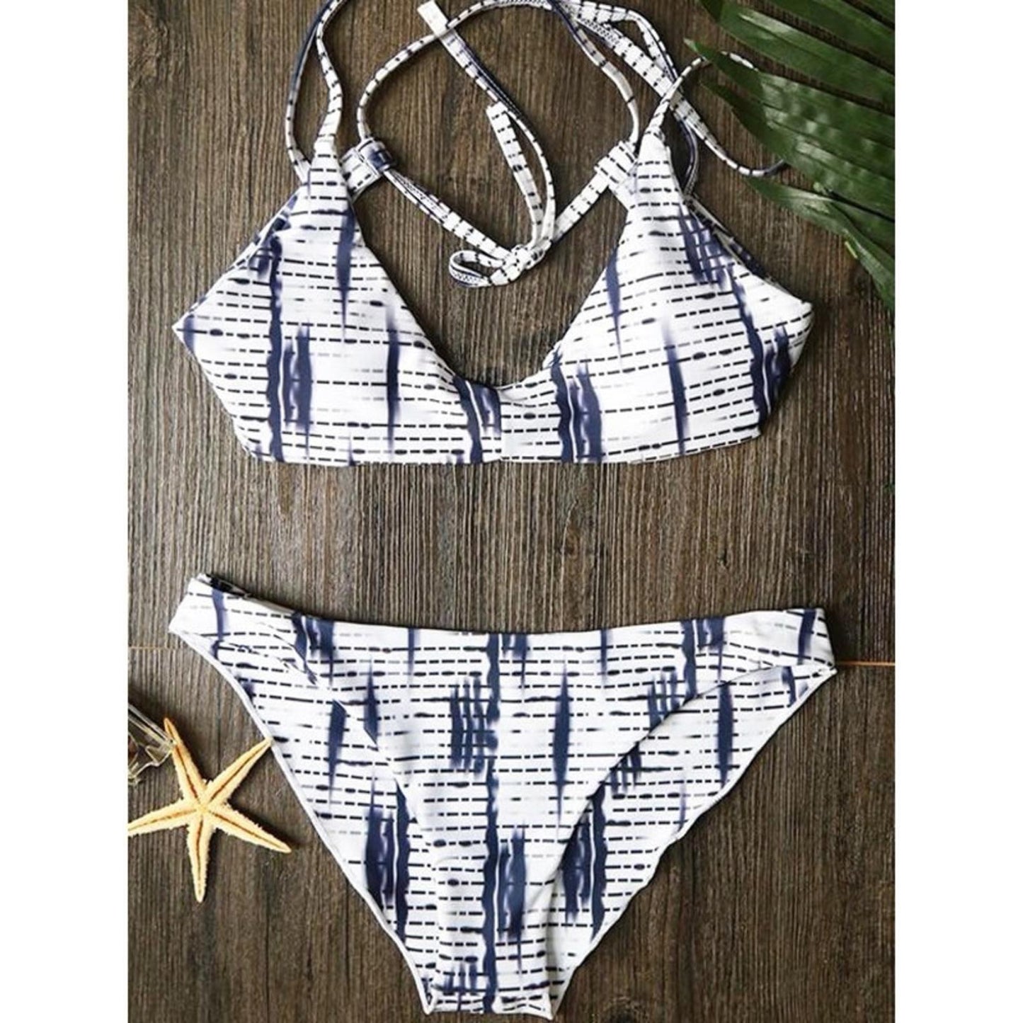 ZAFUL Blue Stripe Printed Cross Back Bikini Set Size L NEW