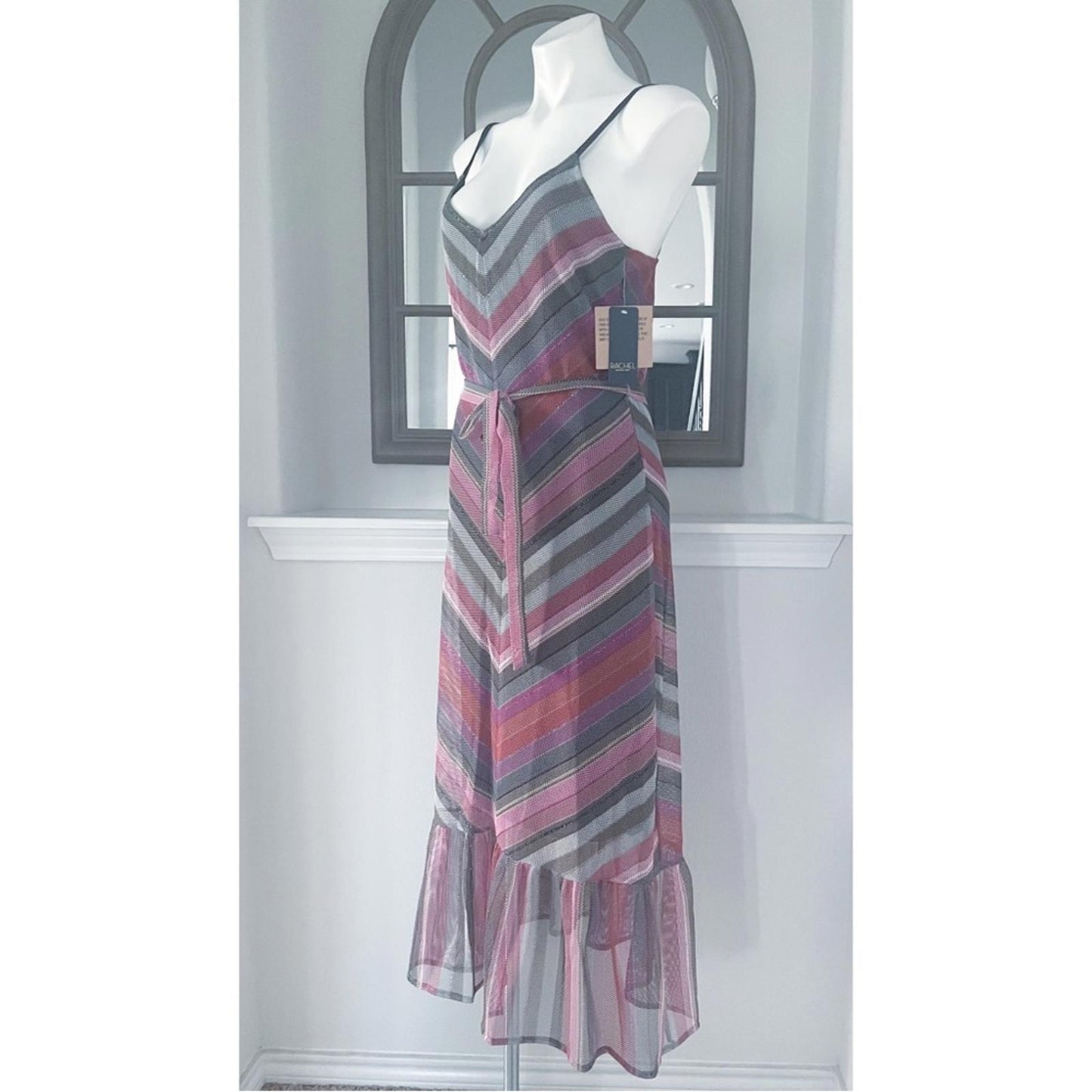 Rachel Roy Finn Metallic Striped Maxi Dress in Pink Grey, Size L New w/Tag