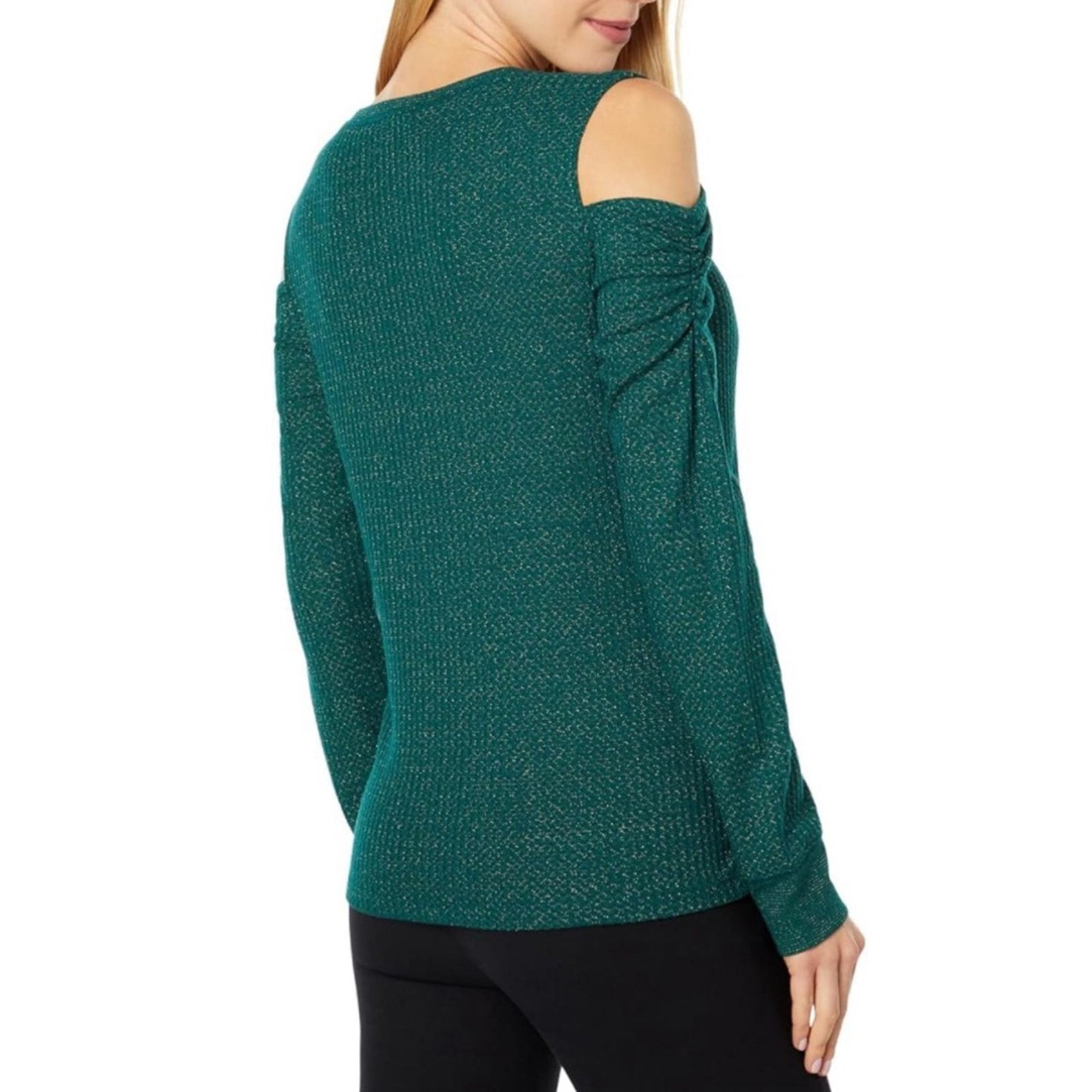 Tommy Hilfiger Forest Gold Metallic Long Sleeve Cold Shoulder Top Size M NWT