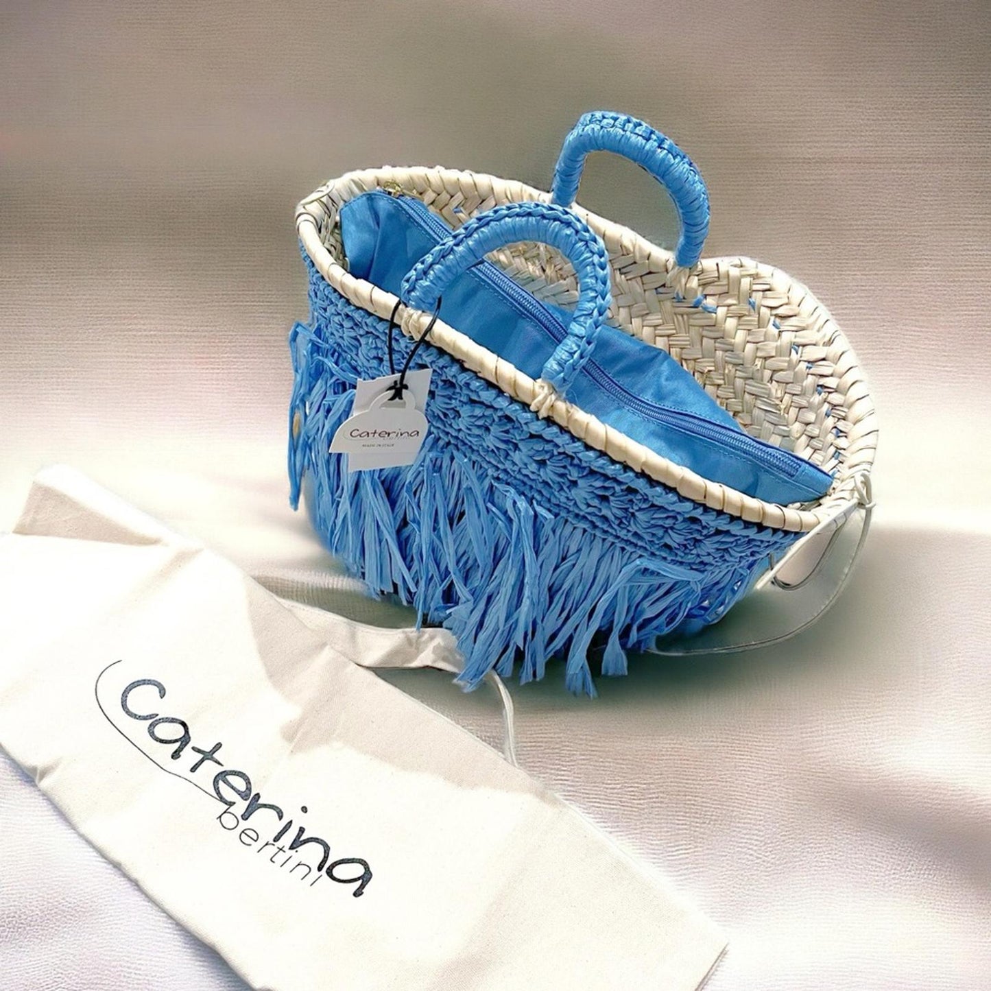 Caterina Bertini Fringe Mini Tote + Large Tote, Blue (Made in Italy) New w/Tag
