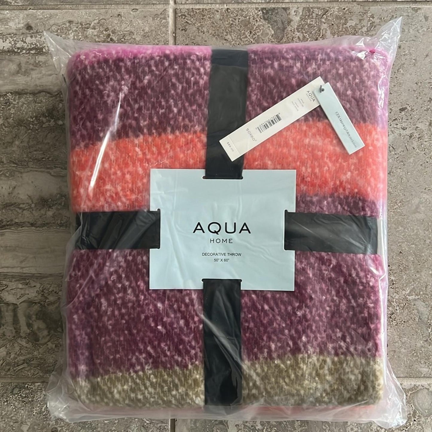 AQUA Bedding Faux Mohair Plaid Throw, 50” x 60” Multi Stripe New w/Tag