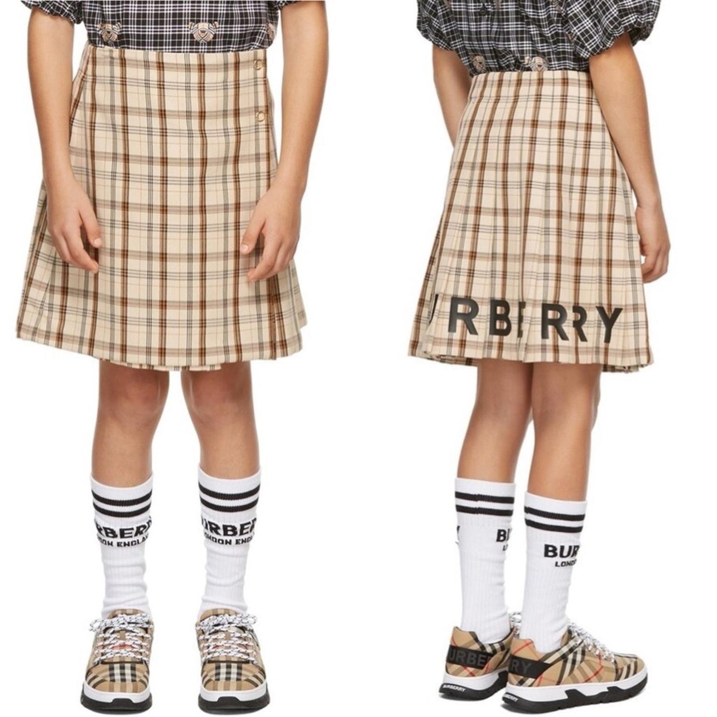 Burberry Kids Beige Check Logo Print Lianne Pleated Skirt, Size 4Y New w/Tag