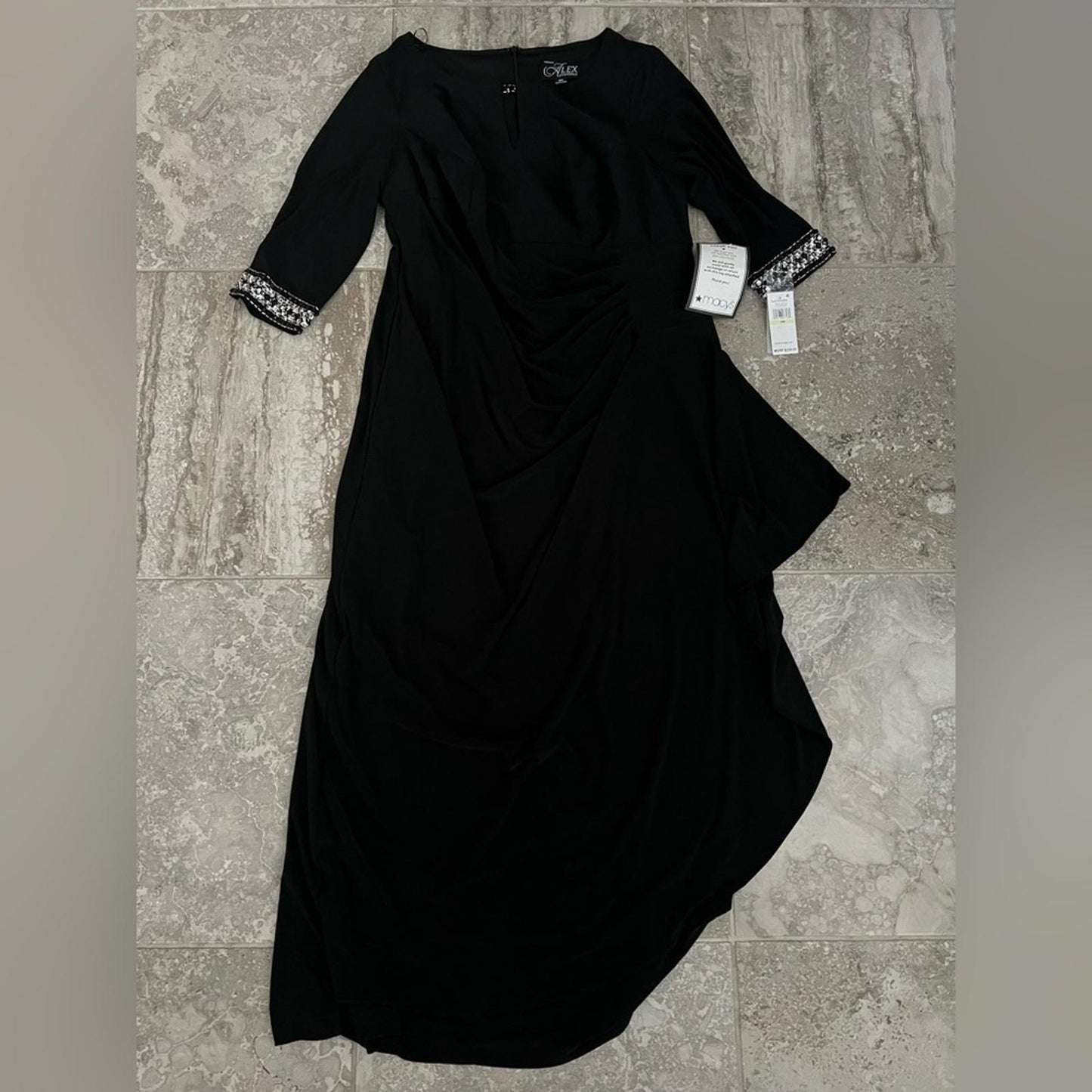 NWT Alex Evenings A-Line Dress w/Side Ruched Cascade Skirt, Black Size 18W $239