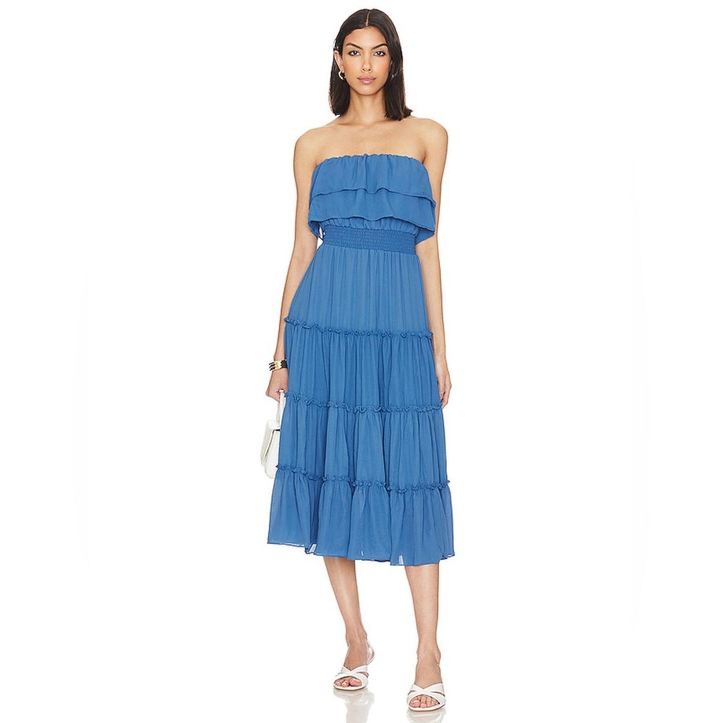 1.STATE x Revolve Strapless Ruffle Tiered Dress in Capris Blue, New, Size M