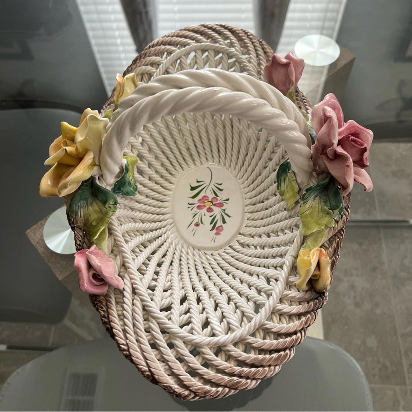 Capodimonte Large Woven Porcelain Floral Basket Classic Style, *RARE*