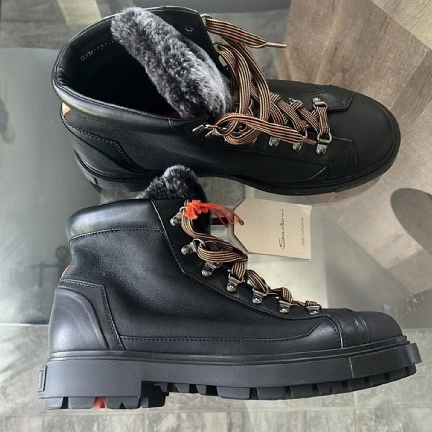 Santoni Farah Leather Genuine Shearling Lined Black Boots, Size 10.5 NEW in Box