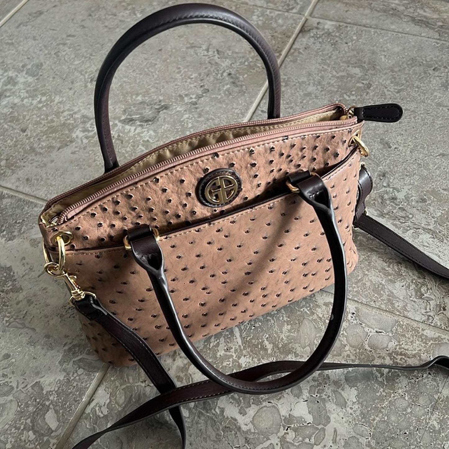 Giani Bernini Faux Ostrich Mini Satchel in Mocha Brown/Gold Tone, NEW w/o Tag
