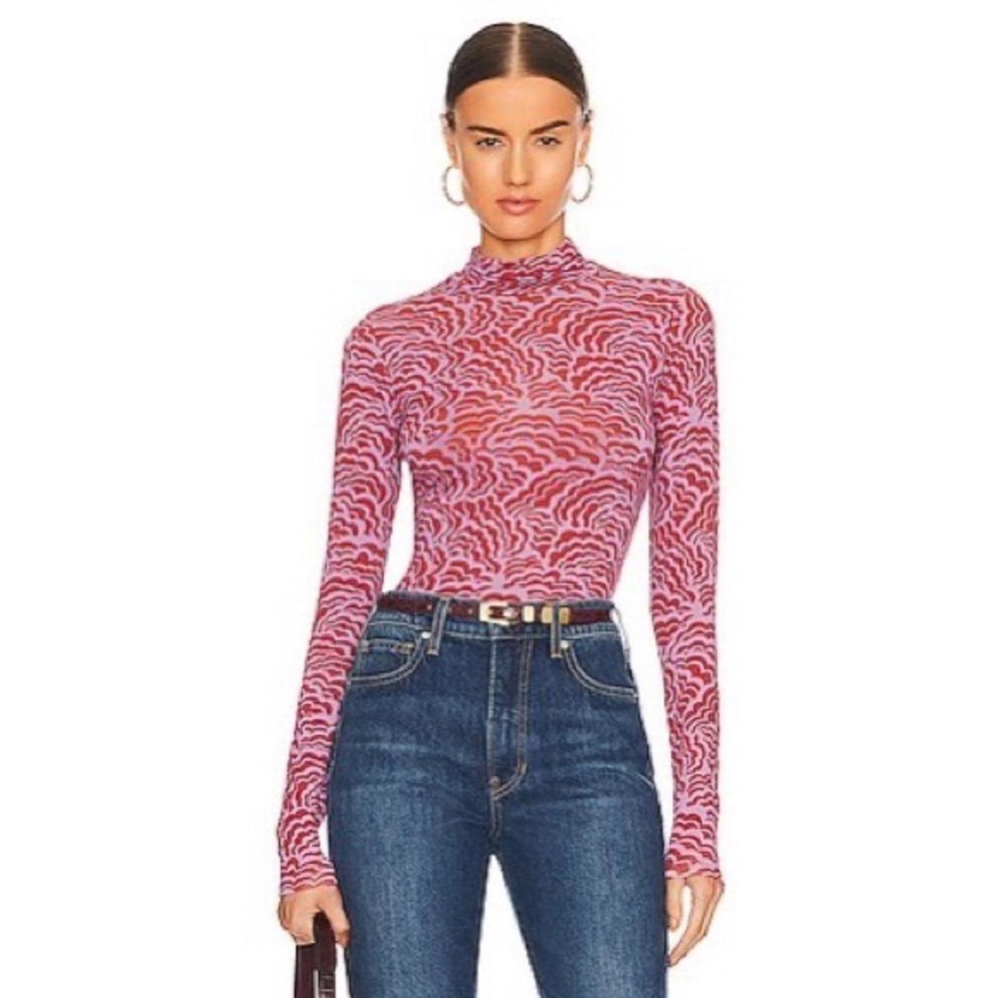 ALC James Printed Stretch-Mesh Turtleneck Top, Size L New w/Tag Retail $295