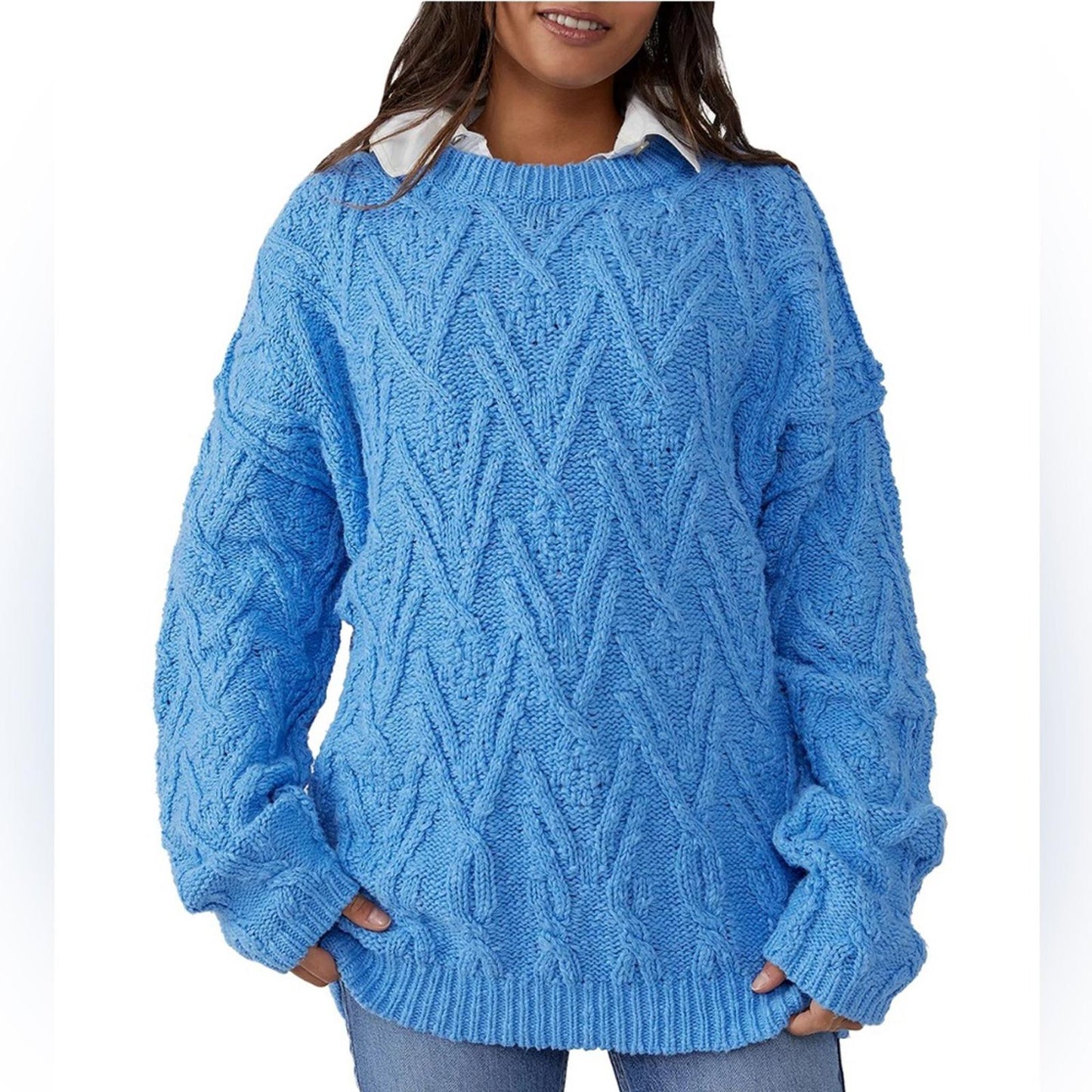 NEW Free People Isla Cable Knit Oversized Sweater, Marine Blue Size L