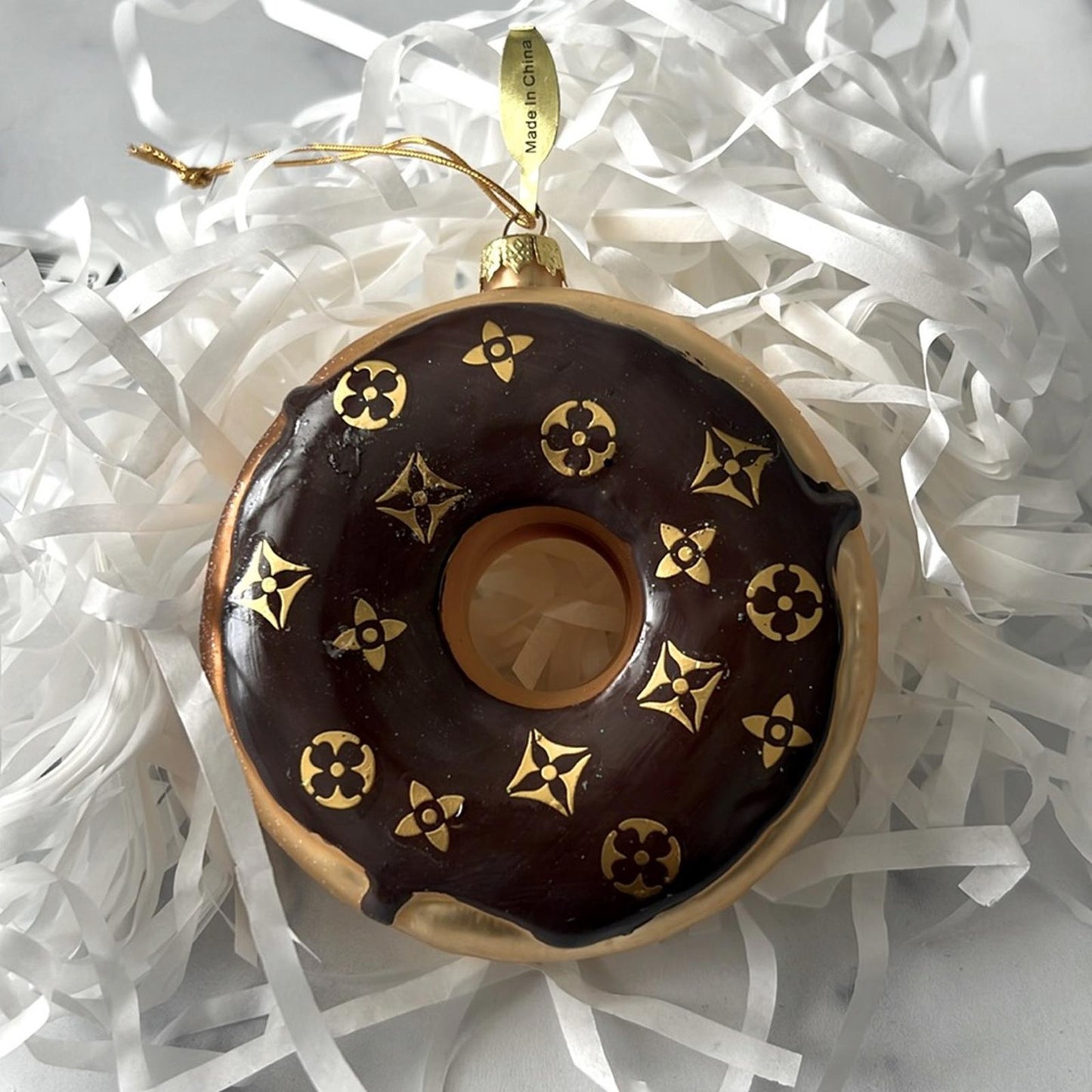 Donut Ornaments, Designer-Inspired, Brown & Gold, New with Tag