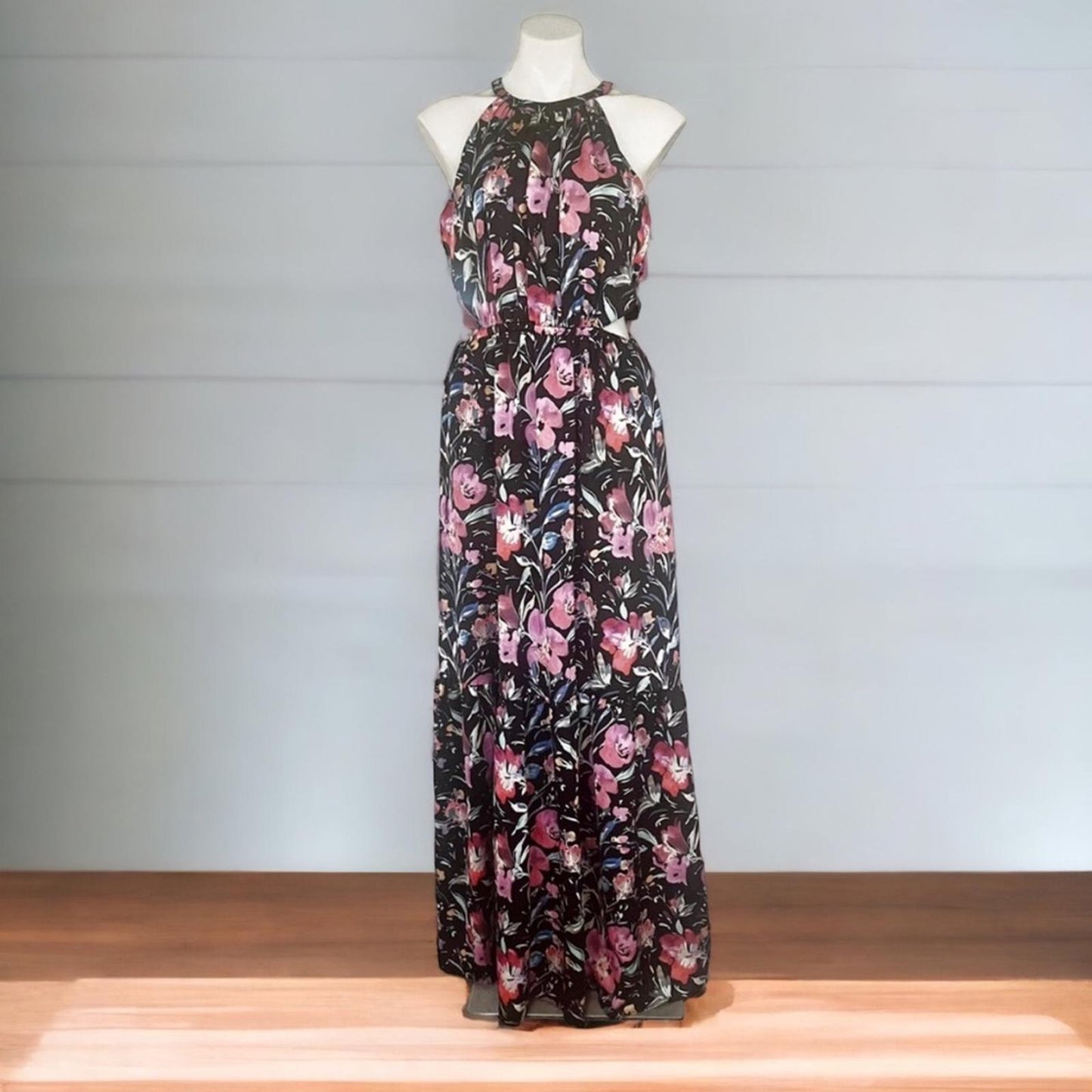 Aidan Mattox Halter Tiered Pleated Cut Out Floral Maxi Dress Size 8 NWT $220