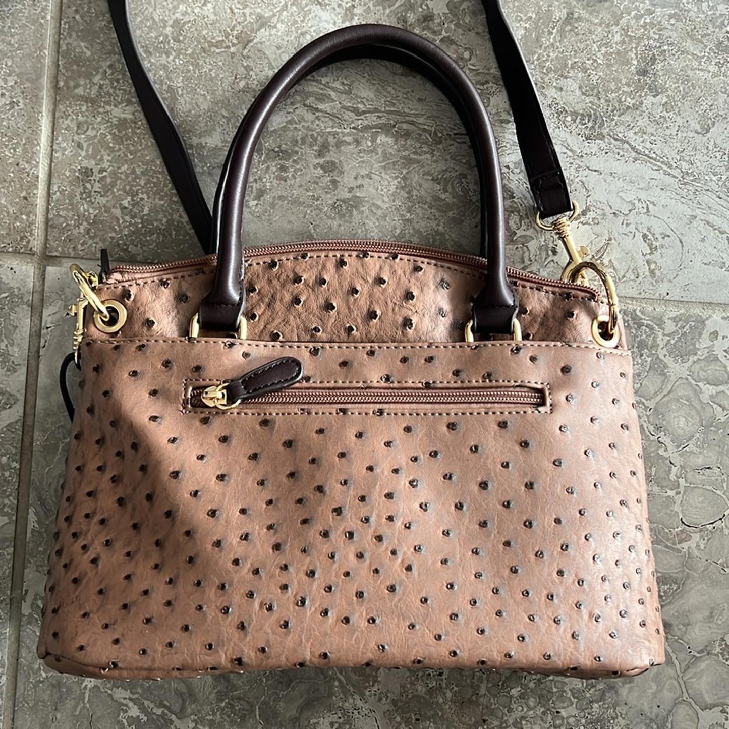 Giani Bernini Faux Ostrich Mini Satchel in Mocha Brown/Gold Tone, NEW w/o Tag