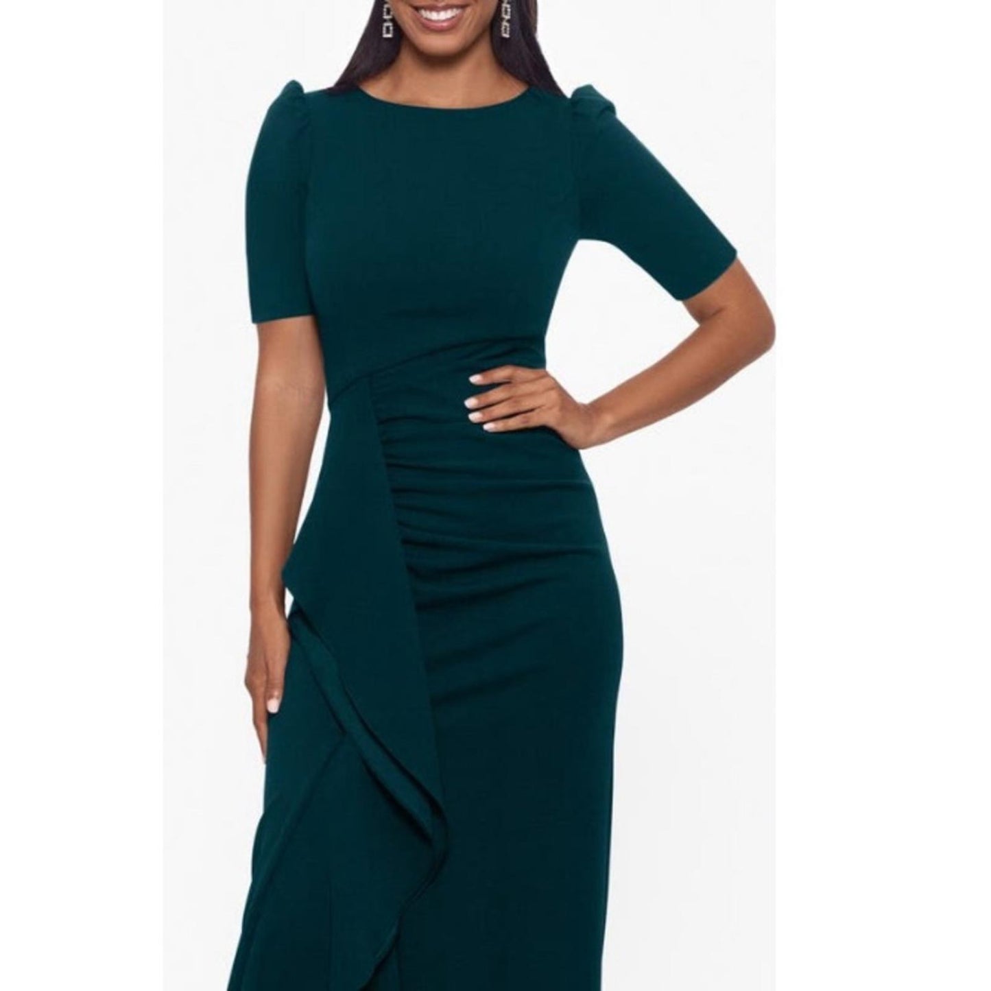 XSCAPE Scuba Crepe Ruffle Gown in Pine Green, Size 10 New w/Tag