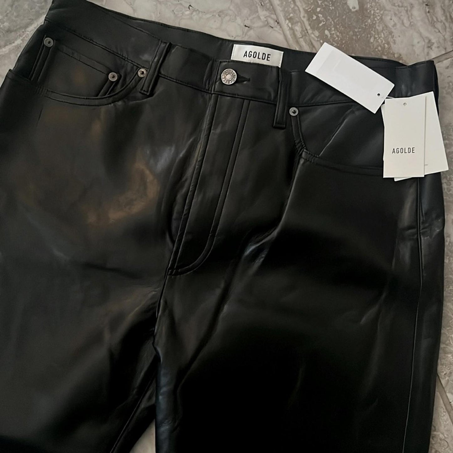 AGOLDE Recycled Leather Fitted 90's Pinch Waist Pants in Black, New w/Tag $348
