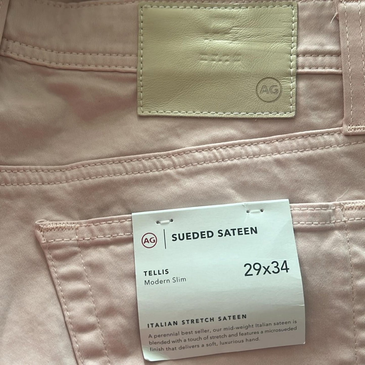 AG Sueded Sateen Tellis 34" Slim Fit Twill Stretch Pants in Pink, Size 29x34 NWT