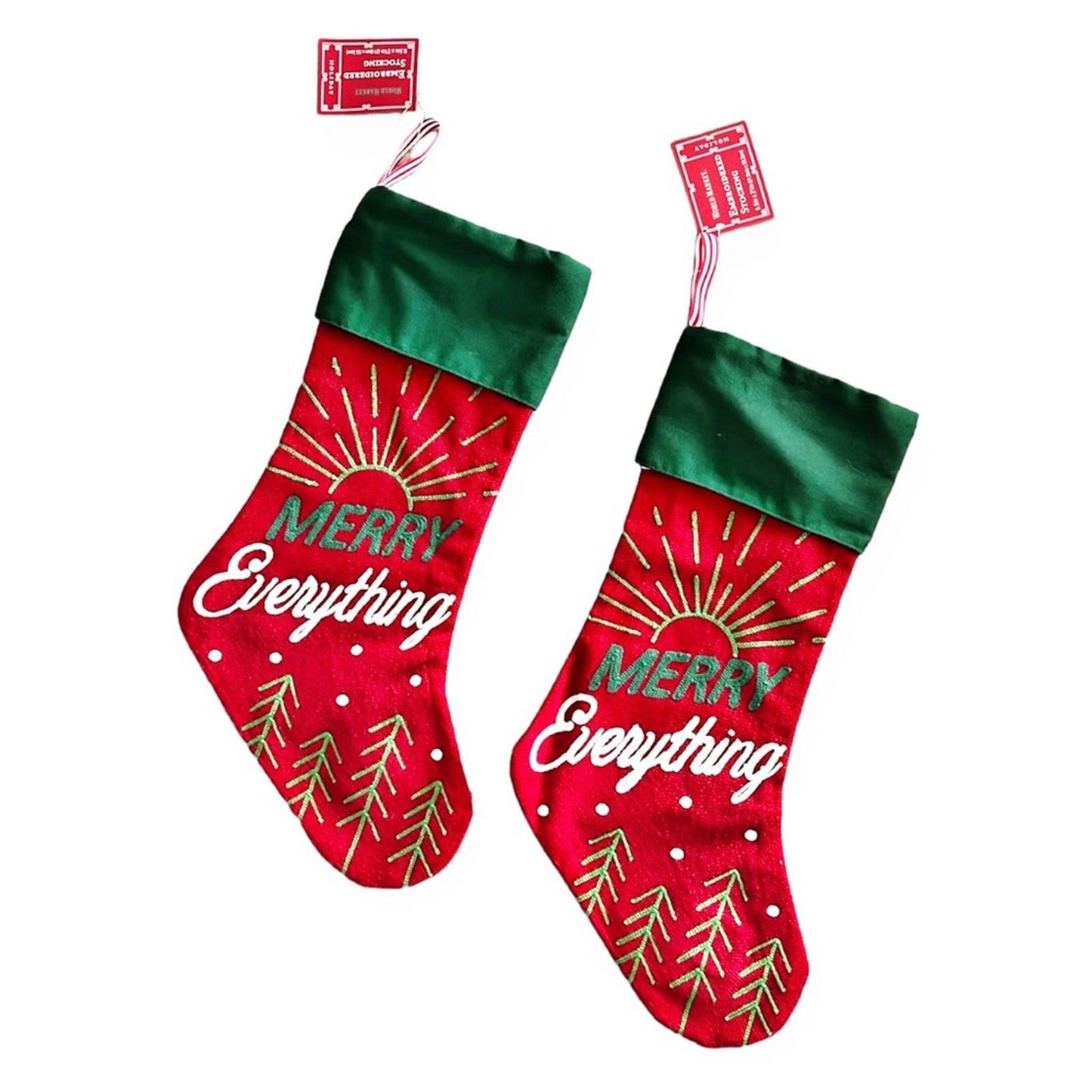 X2 “MERRY Everything” Embroidered Stockings 8.5” x 21” New with Tag