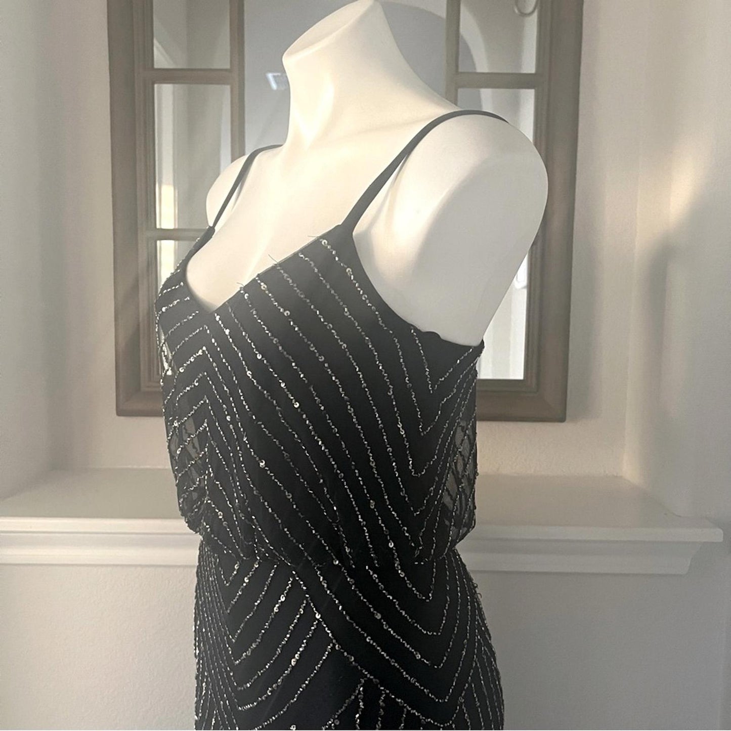 Adrianna Papell Art Deco Beaded Blouson Gown, Navy w/Silver Sequins Size 4