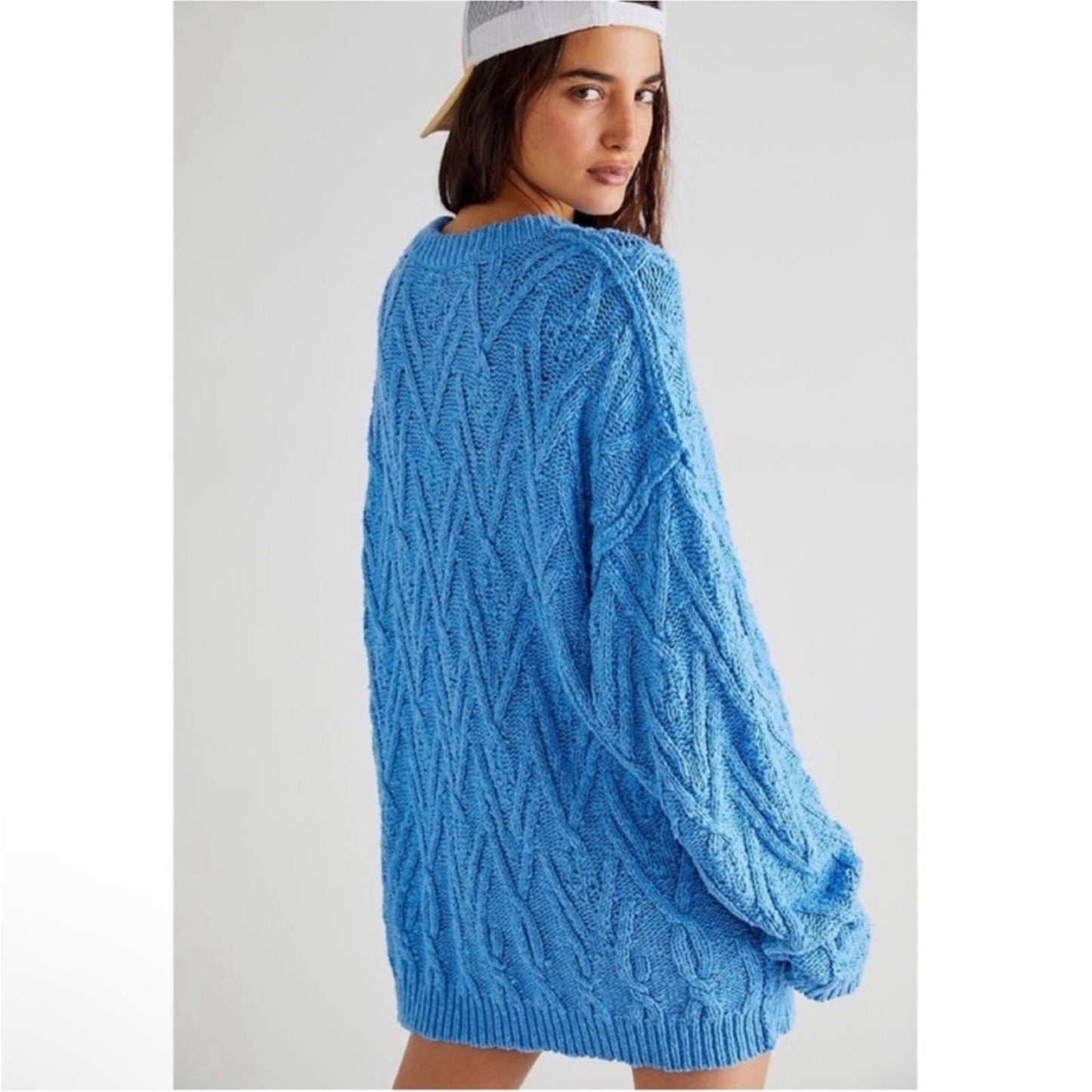 NEW Free People Isla Cable Knit Oversized Sweater, Marine Blue Size L