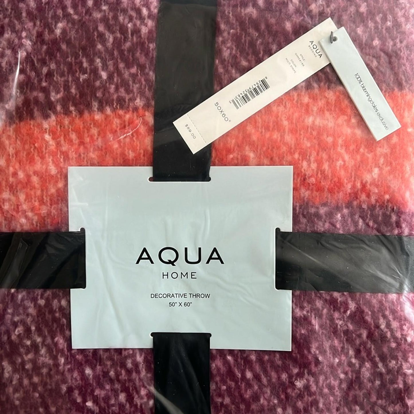 AQUA Bedding Faux Mohair Plaid Throw, 50” x 60” Multi Stripe New w/Tag