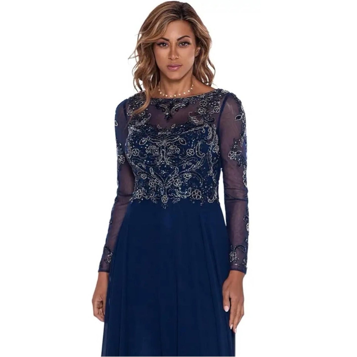 XSCAPE Long Sleeve Long Chiffon Skirt with Bead Top, Size 14 New w/Tag