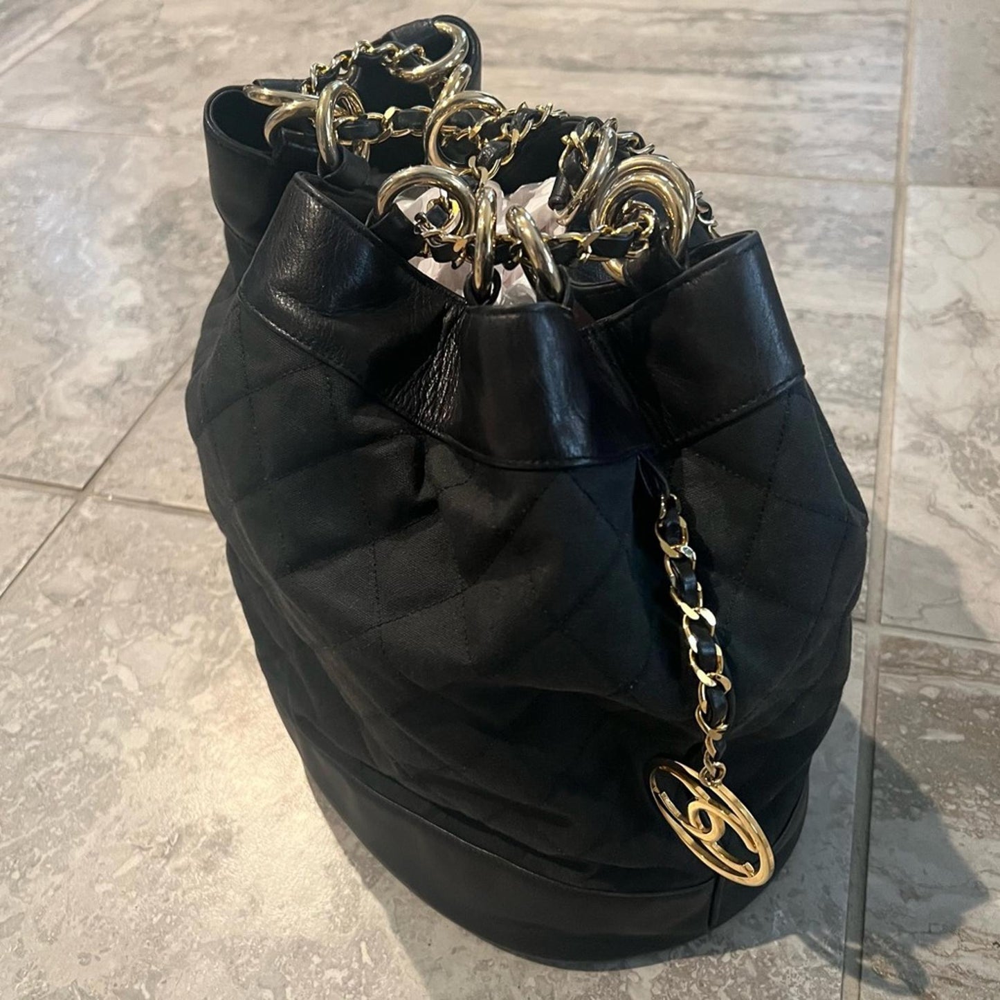 CHANEL Black Canvas CC Chain Bucket Bag (Made in Italy) *RARE Piece!