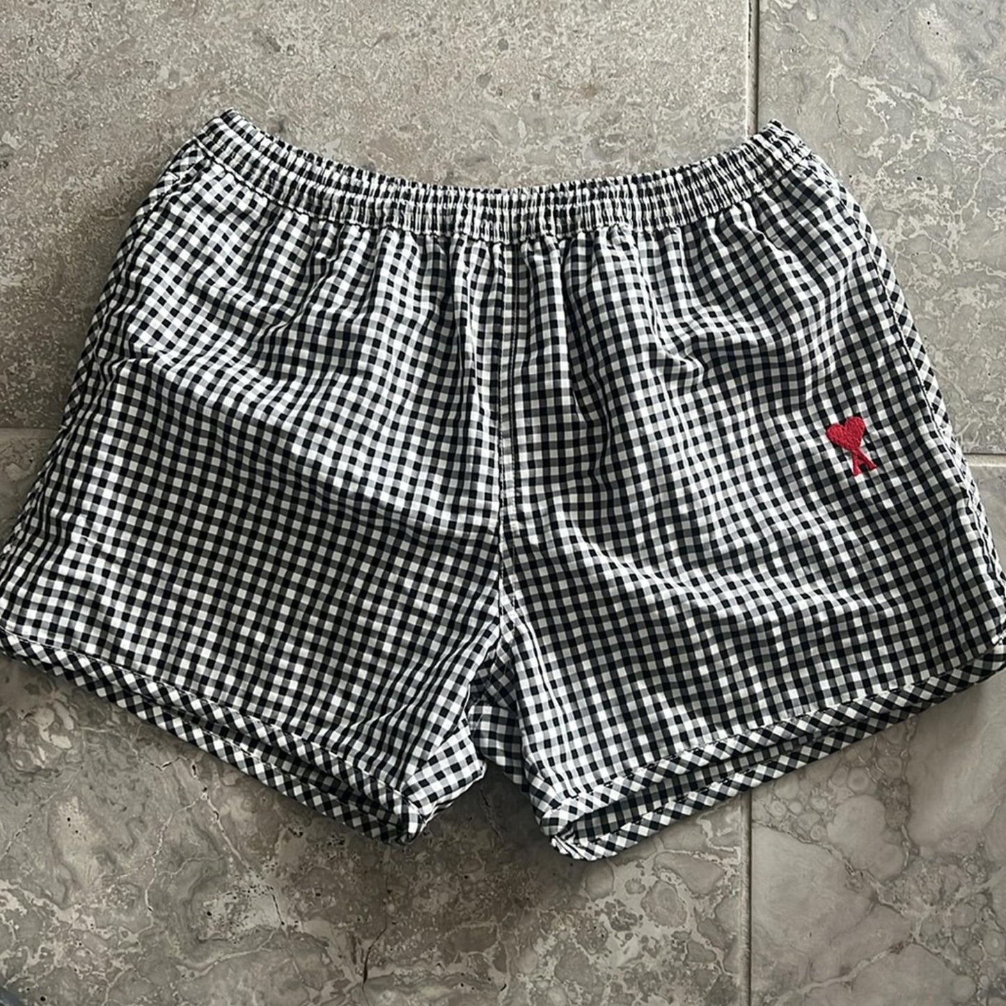 AMI Alexandre Mattiussi Checked Swim Shorts w/Bag in Black/White Size S NEW